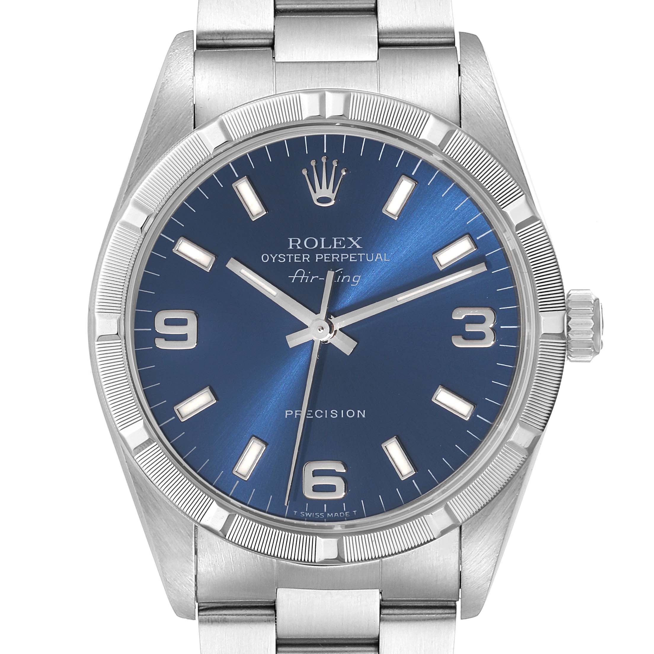 The image shows a front view of a Rolex Air-King 14010 Men's Stainless Steel Blue Dial 14010 Men's Stainless Steel Blue Dial watch, highlighting its blue dial, bezel, crown, and part of the bracelet.