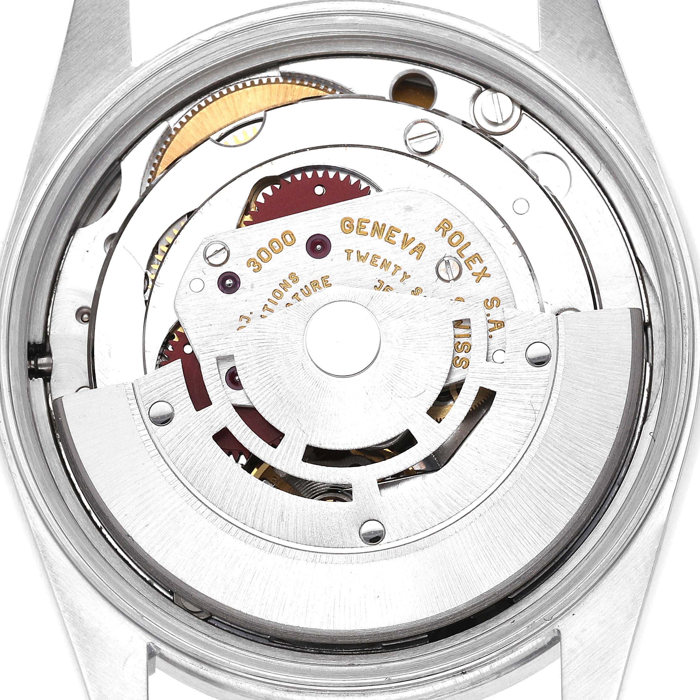 This image shows the internal mechanical components of a Rolex Air-King 14010 Men's Stainless Steel Blue Dial 14010 Men's Stainless Steel Blue Dial model watch from the back.