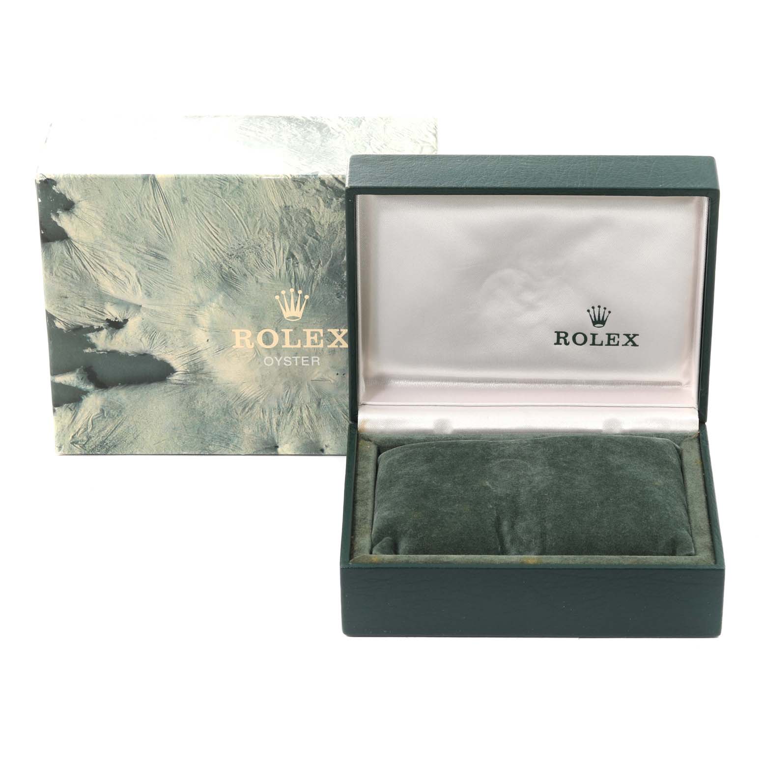 The image shows an empty green Rolex watch box and its outer packaging for the Air-King model, displayed from the front.