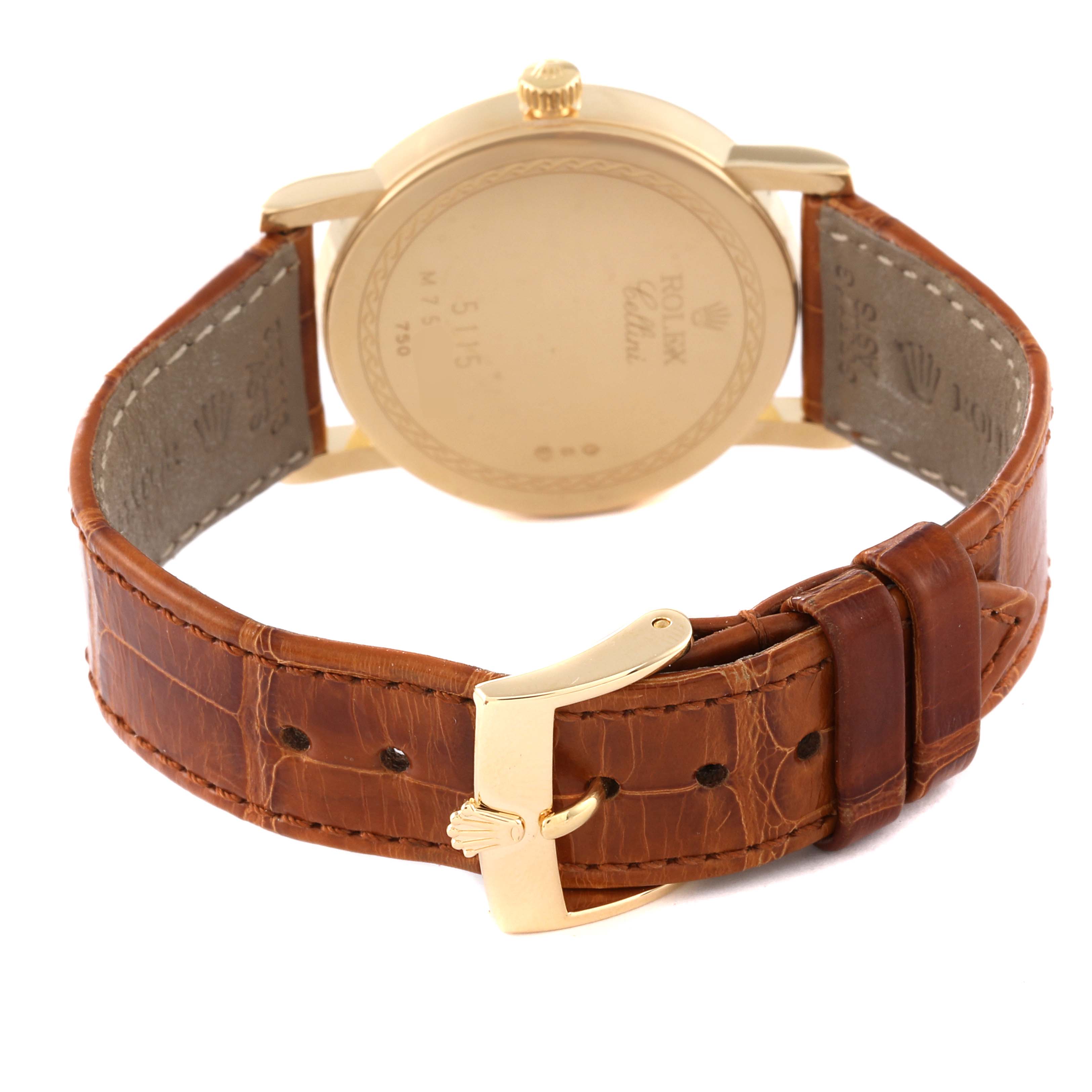 This image shows the back view of a Rolex Cellini 5115 Men's Yellow Gold Mother of Pearl Dial 5115 Men's Yellow Gold Mother of Pearl Dial watch, featuring its case back, crown, and leather strap with a buckle.