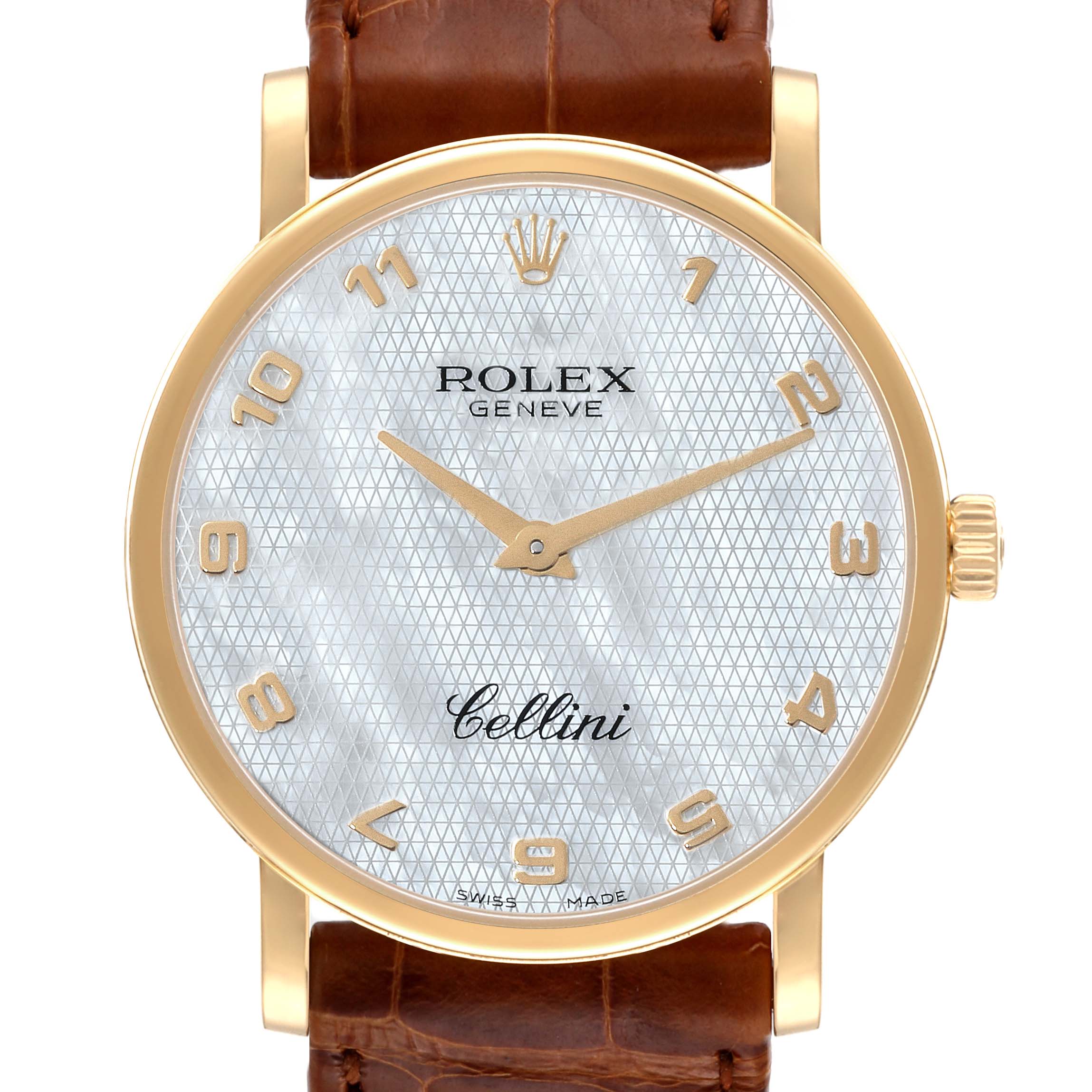 This image shows a front view of a Rolex Cellini 5115 Men's Yellow Gold Mother of Pearl Dial 5115 Men's Yellow Gold Mother of Pearl Dial watch, highlighting its dial, hands, crown, and leather strap.