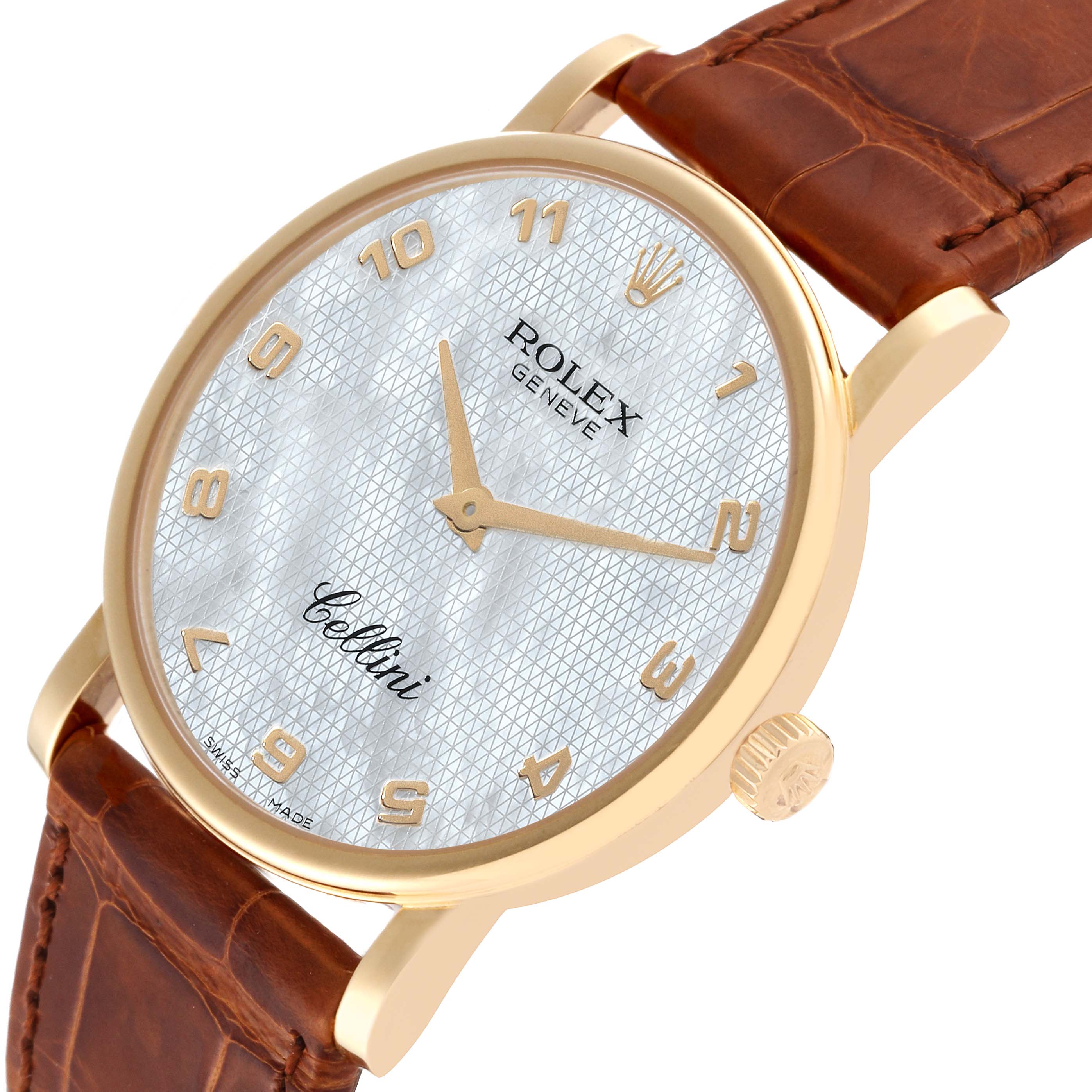 The image shows a close-up angle of a Rolex Cellini 5115 Men's Yellow Gold Mother of Pearl Dial 5115 Men's Yellow Gold Mother of Pearl Dial watch, highlighting its dial, case, crown, and leather strap.