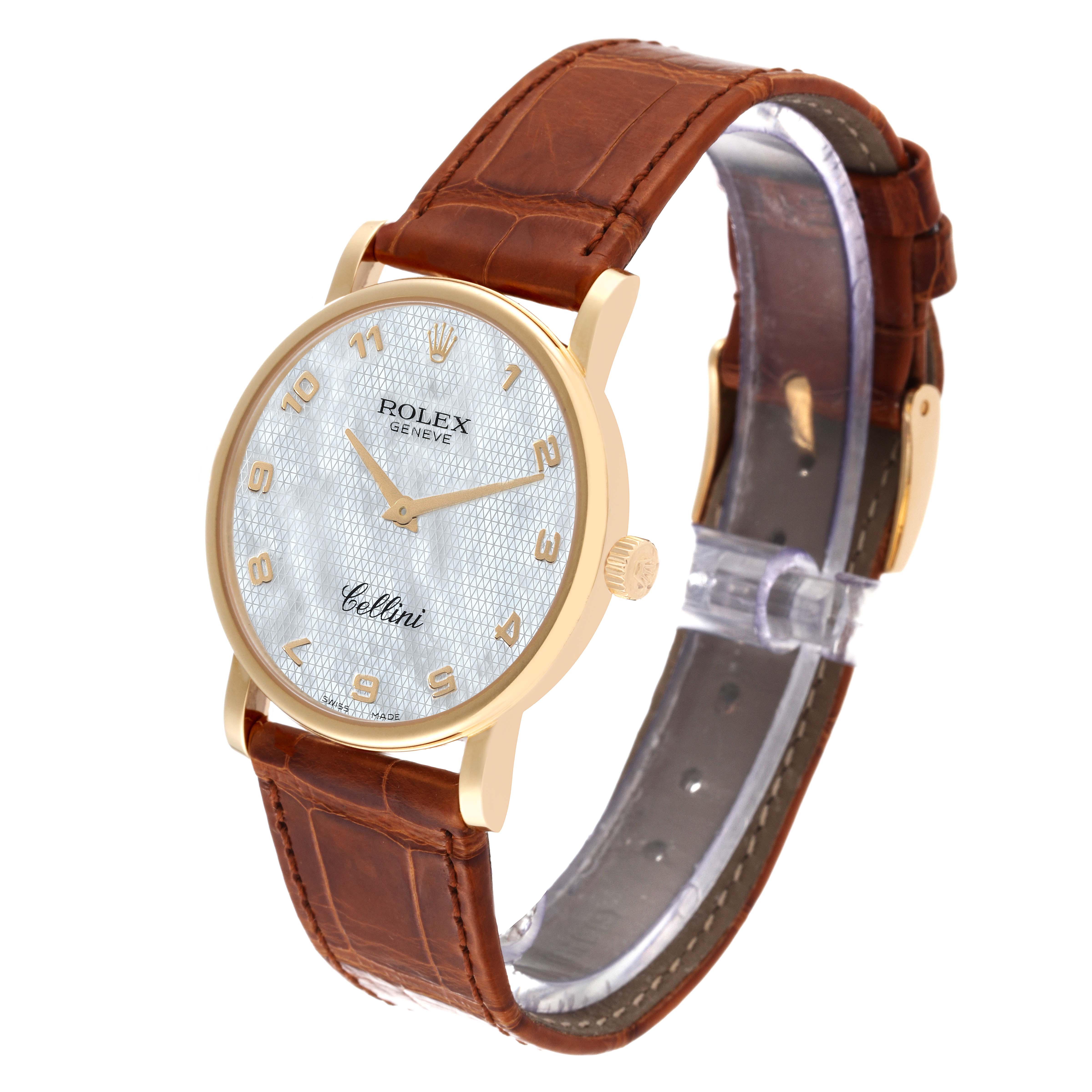 The Rolex Cellini 5115 Men's Yellow Gold Mother of Pearl Dial 5115 Men's Yellow Gold Mother of Pearl Dial watch is shown at a three-quarter angle, displaying its face, band, and crown.