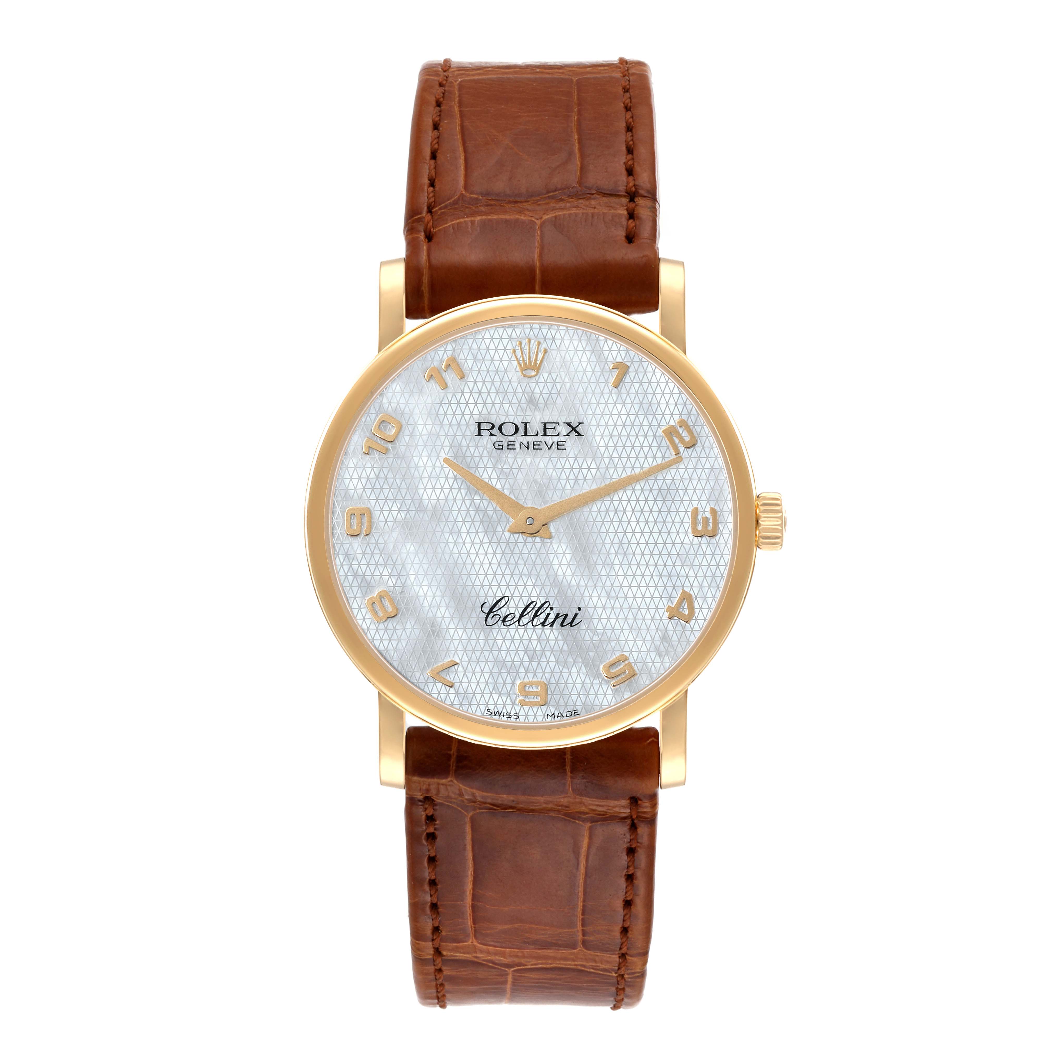 The image shows a front view of a Rolex Cellini 5115 Men's Yellow Gold Mother of Pearl Dial 5115 Men's Yellow Gold Mother of Pearl Dial watch with a brown leather strap and gold detailing on the face.