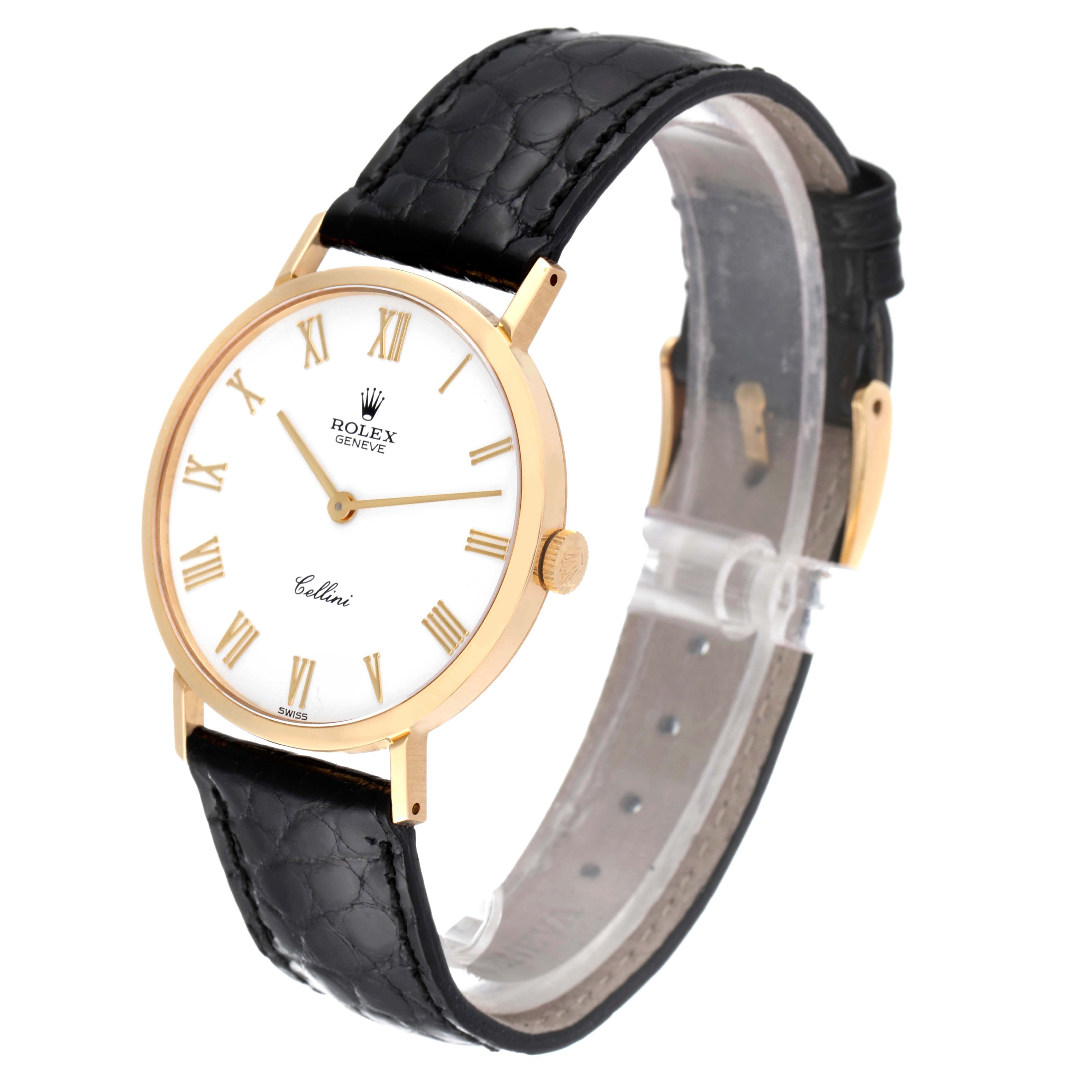 The image shows a Rolex Cellini 4112 Men's Yellow Gold White Dial 4112 Men's Yellow Gold White Dial watch angled slightly from the left, displaying the face, bezel, crown, and black leather strap.