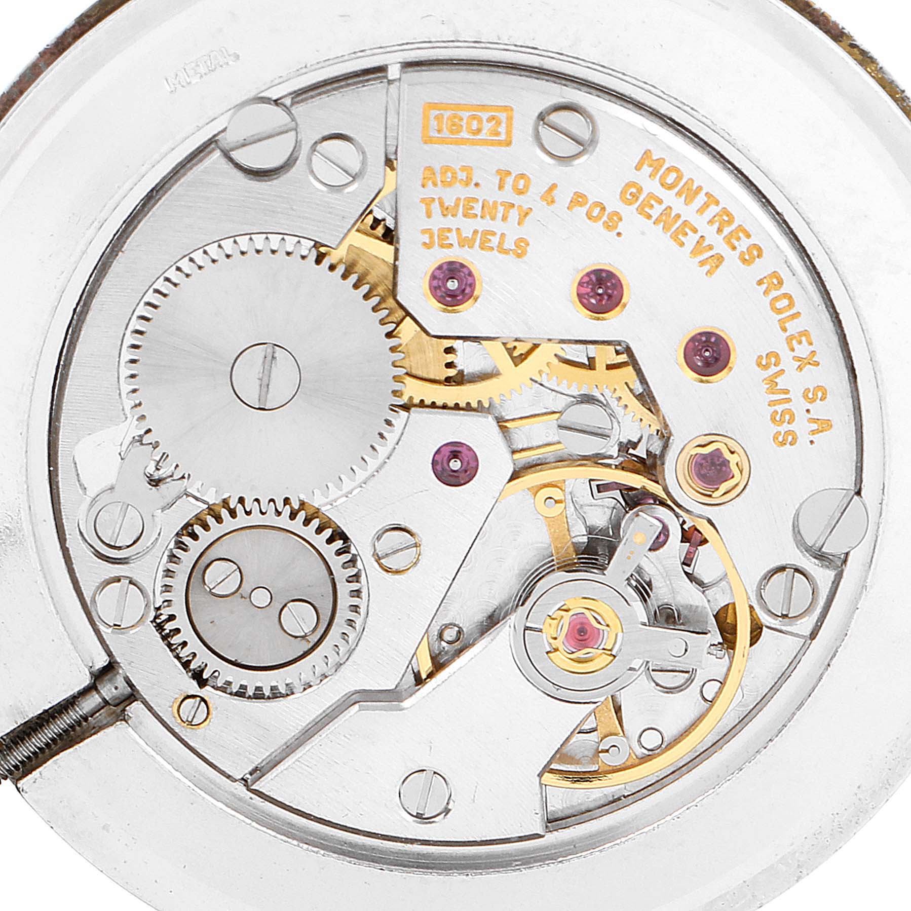 The image shows the movement mechanism of a Rolex Cellini 4112 Men's Yellow Gold White Dial 4112 Men's Yellow Gold White Dial watch, highlighting gears, jewels, and the brand engraving.