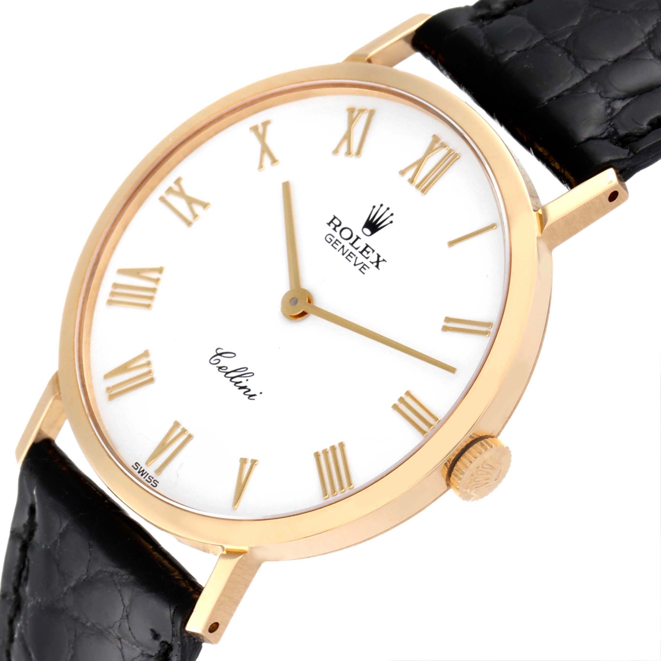 This Rolex Cellini 4112 Men's Yellow Gold White Dial 4112 Men's Yellow Gold White Dial watch is shown from a slight angled top view, displaying the dial, crown, and part of the black leather strap.