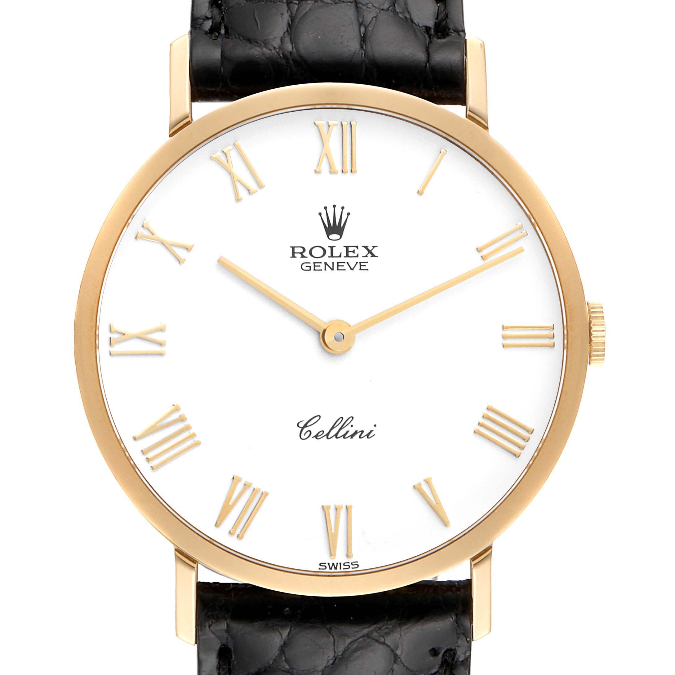 The image shows a front view of the Rolex Cellini 4112 Men's Yellow Gold White Dial 4112 Men's Yellow Gold White Dial watch, highlighting its face, hands, Roman numerals, and leather strap.