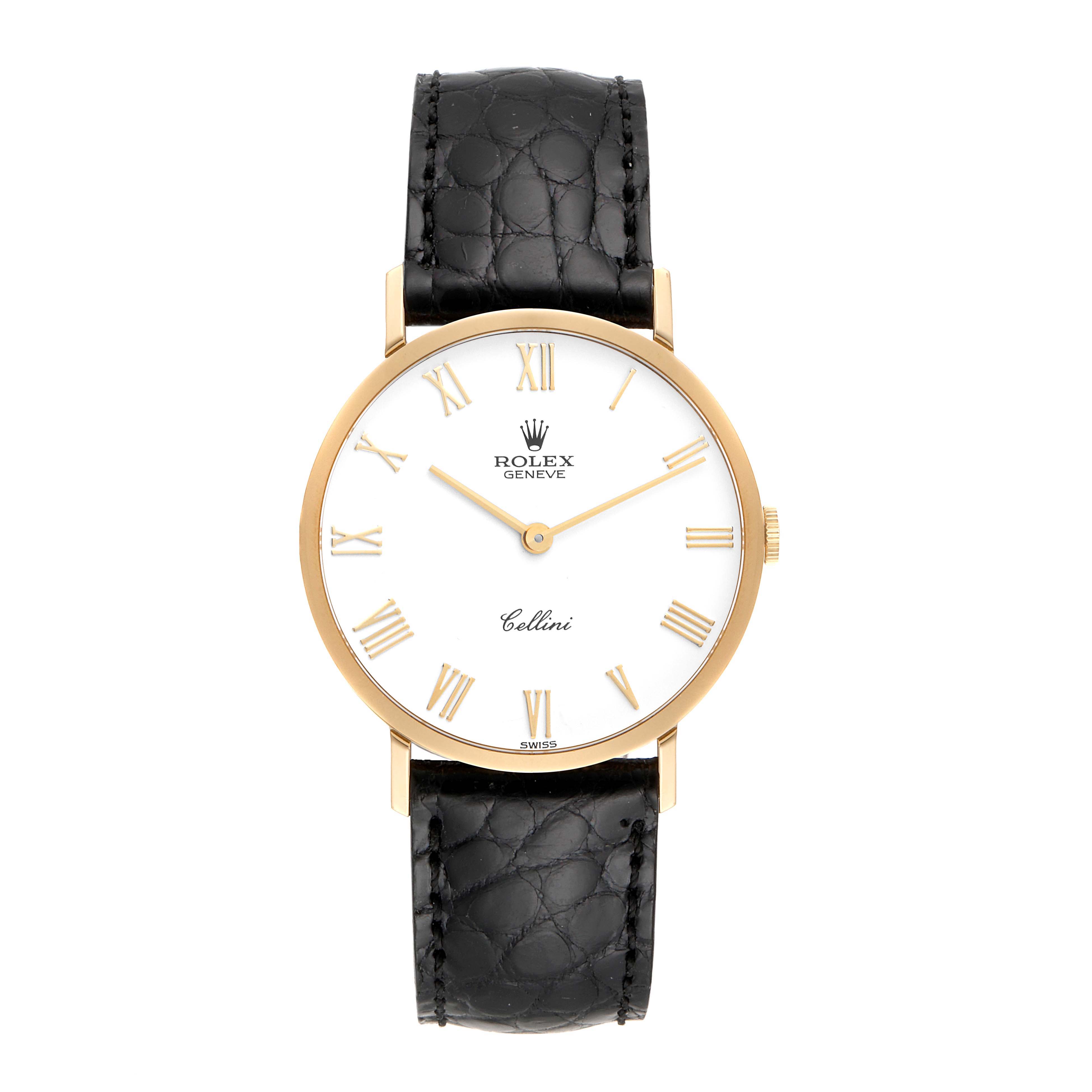 This image shows the front view of a Rolex Cellini 4112 Men's Yellow Gold White Dial 4112 Men's Yellow Gold White Dial watch, highlighting the dial, case, and leather strap.