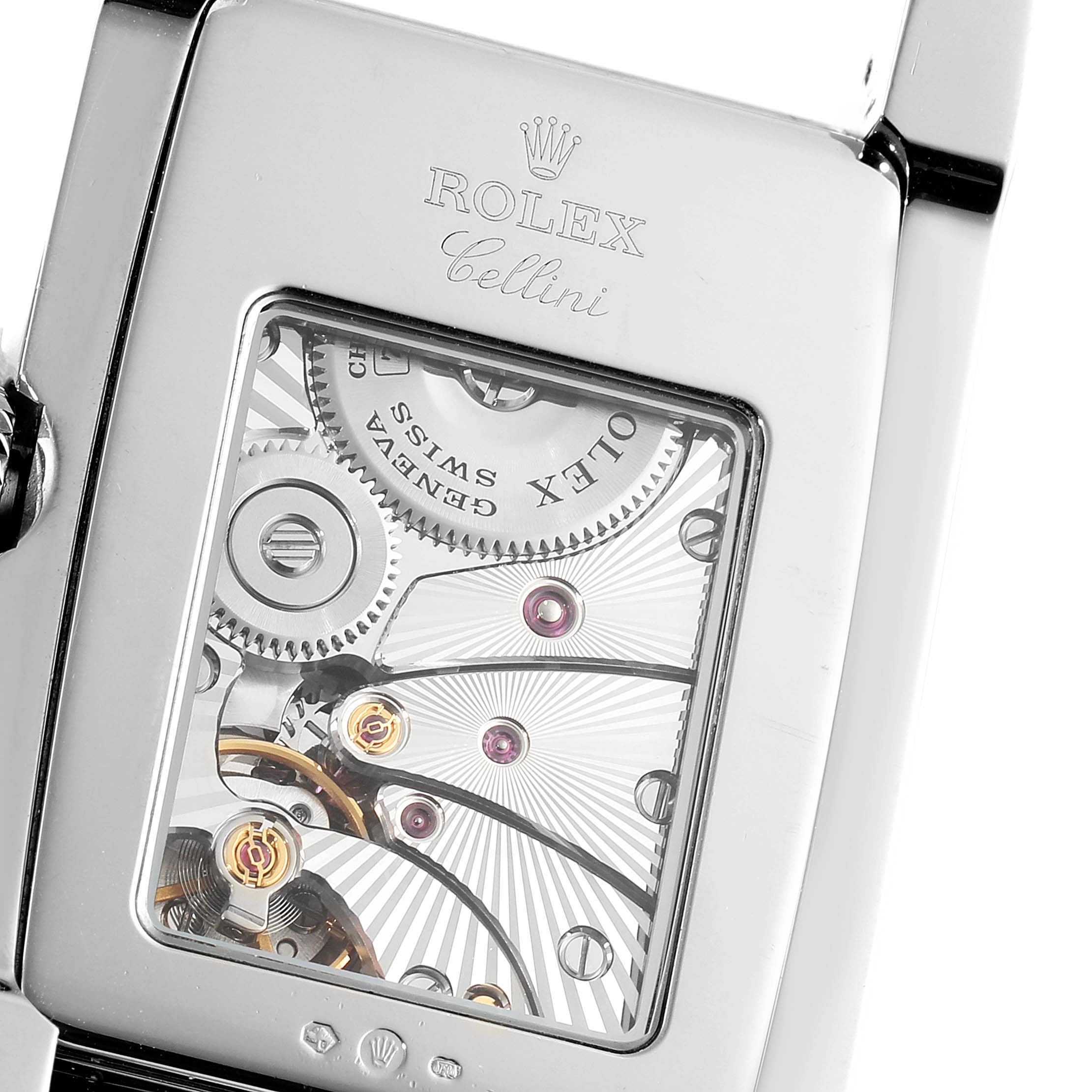 This close-up angle shows the back of the Rolex Cellini 5443/9 Men
s White Gold Black Dial 5443/9 Men
s White Gold Black Dial watch, highlighting its intricate movement and inner mechanisms.
