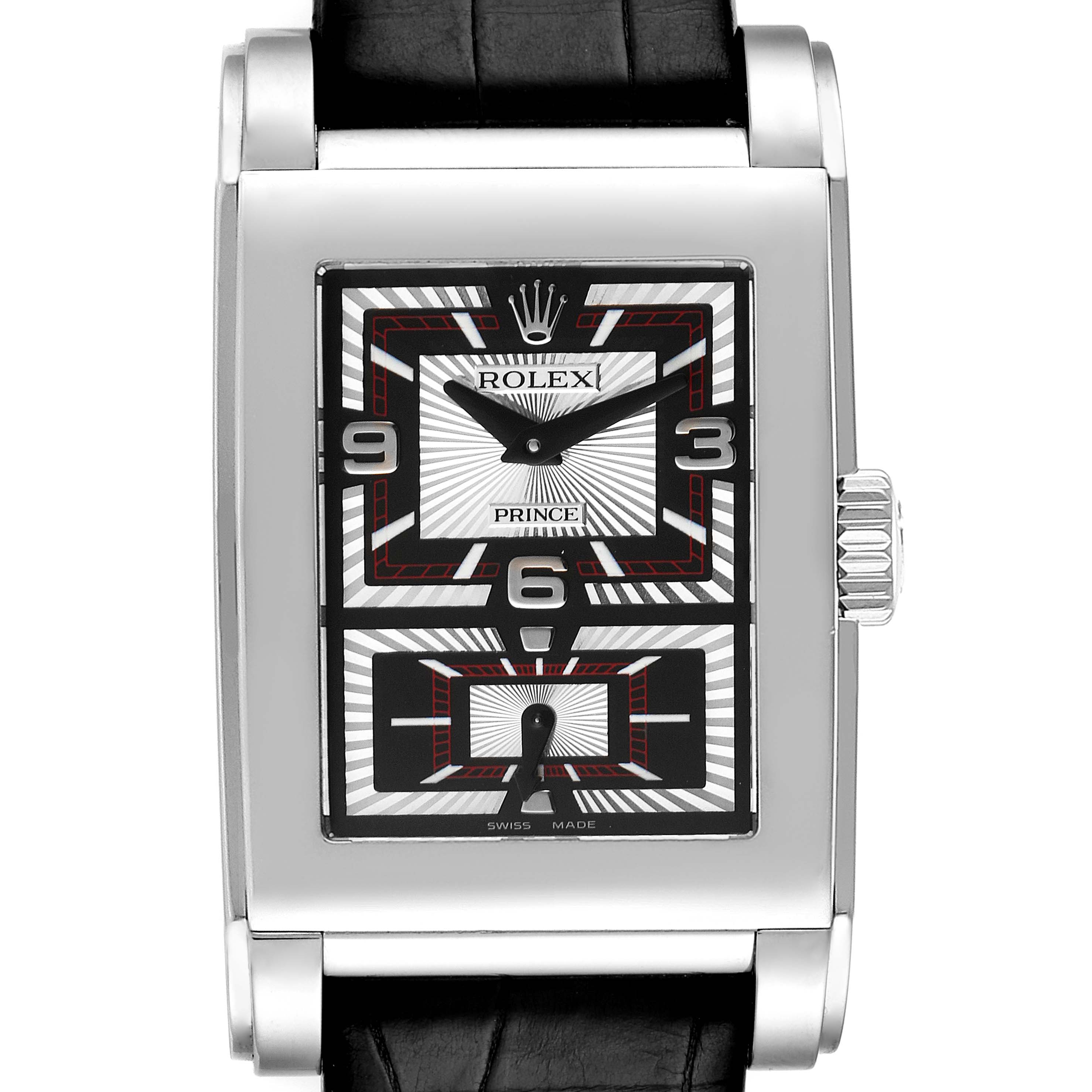 The image shows a front view of the Rolex Cellini 5443/9 Men
s White Gold Black Dial 5443/9 Men
s White Gold Black Dial Prince watch, highlighting its rectangular case, dial, and crown.