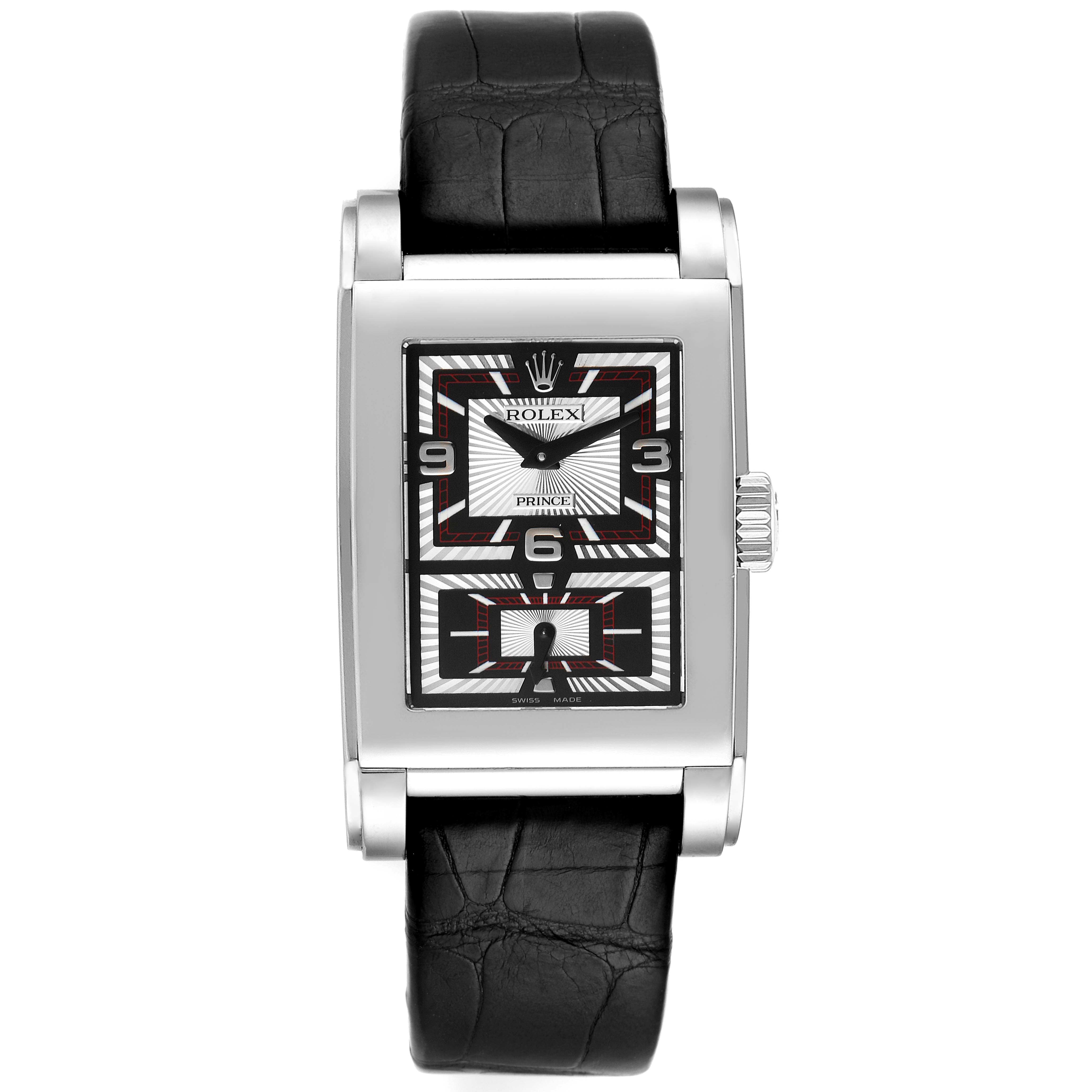 This image shows a front view of a Rolex Cellini 5443/9 Men
s White Gold Black Dial 5443/9 Men
s White Gold Black Dial watch displaying the dial and black leather strap.