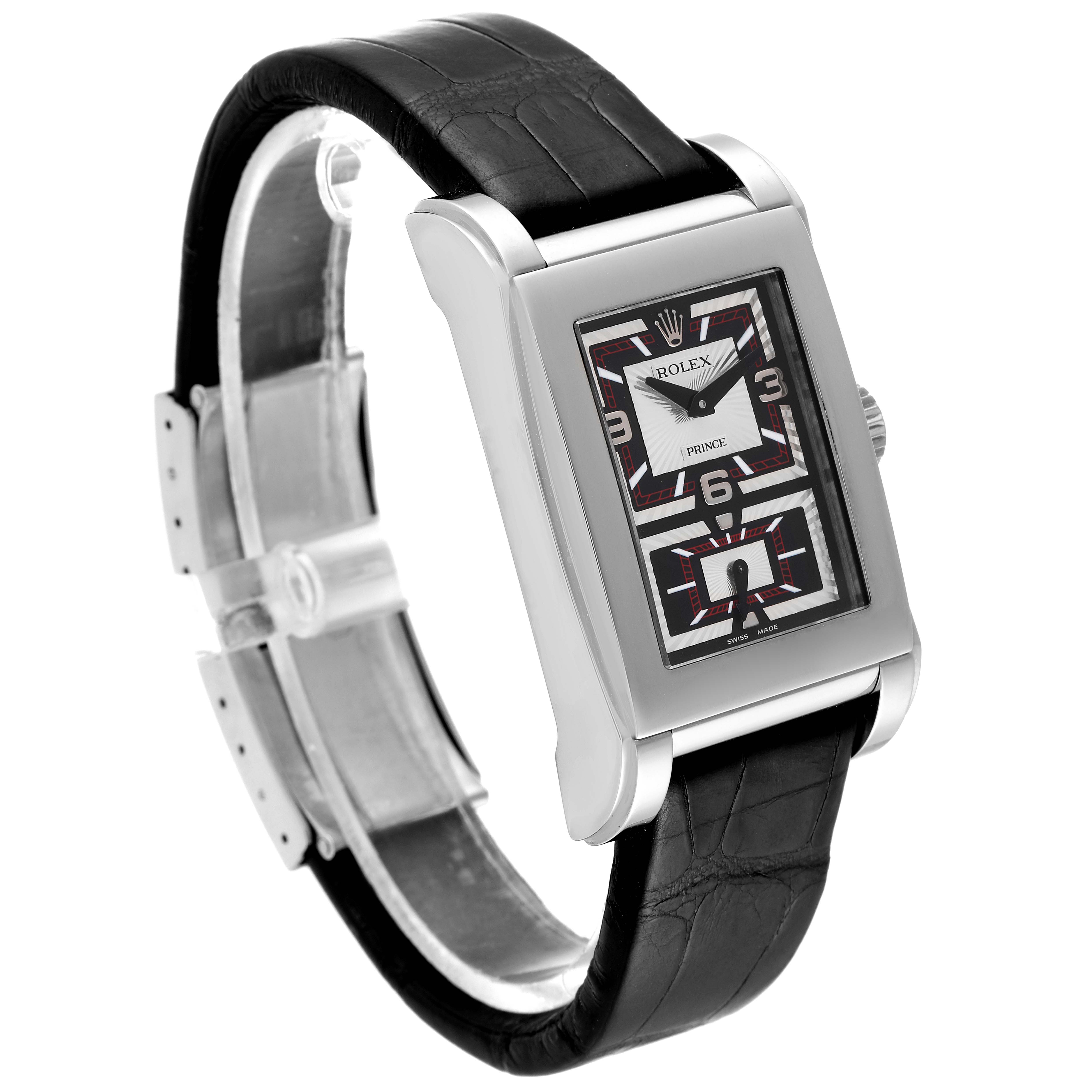 This image shows a side angle of a Rolex Cellini 5443/9 Men
s White Gold Black Dial 5443/9 Men
s White Gold Black Dial model watch, highlighting the black leather strap and rectangular face.