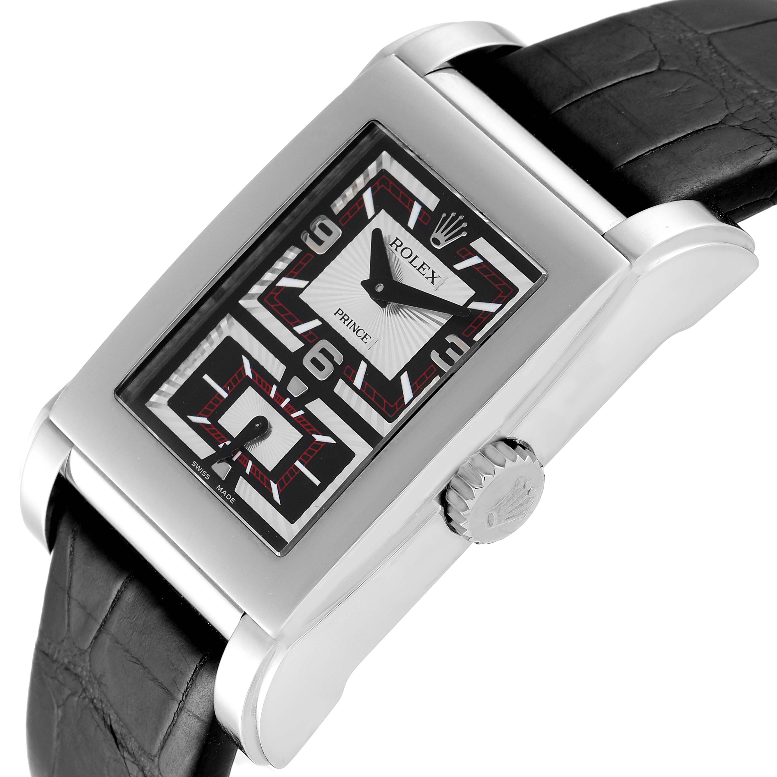 This image shows a close-up, angled view of the Rolex Cellini 5443/9 Men
s White Gold Black Dial 5443/9 Men
s White Gold Black Dial Prince model
s rectangular dial and part of its black leather strap.