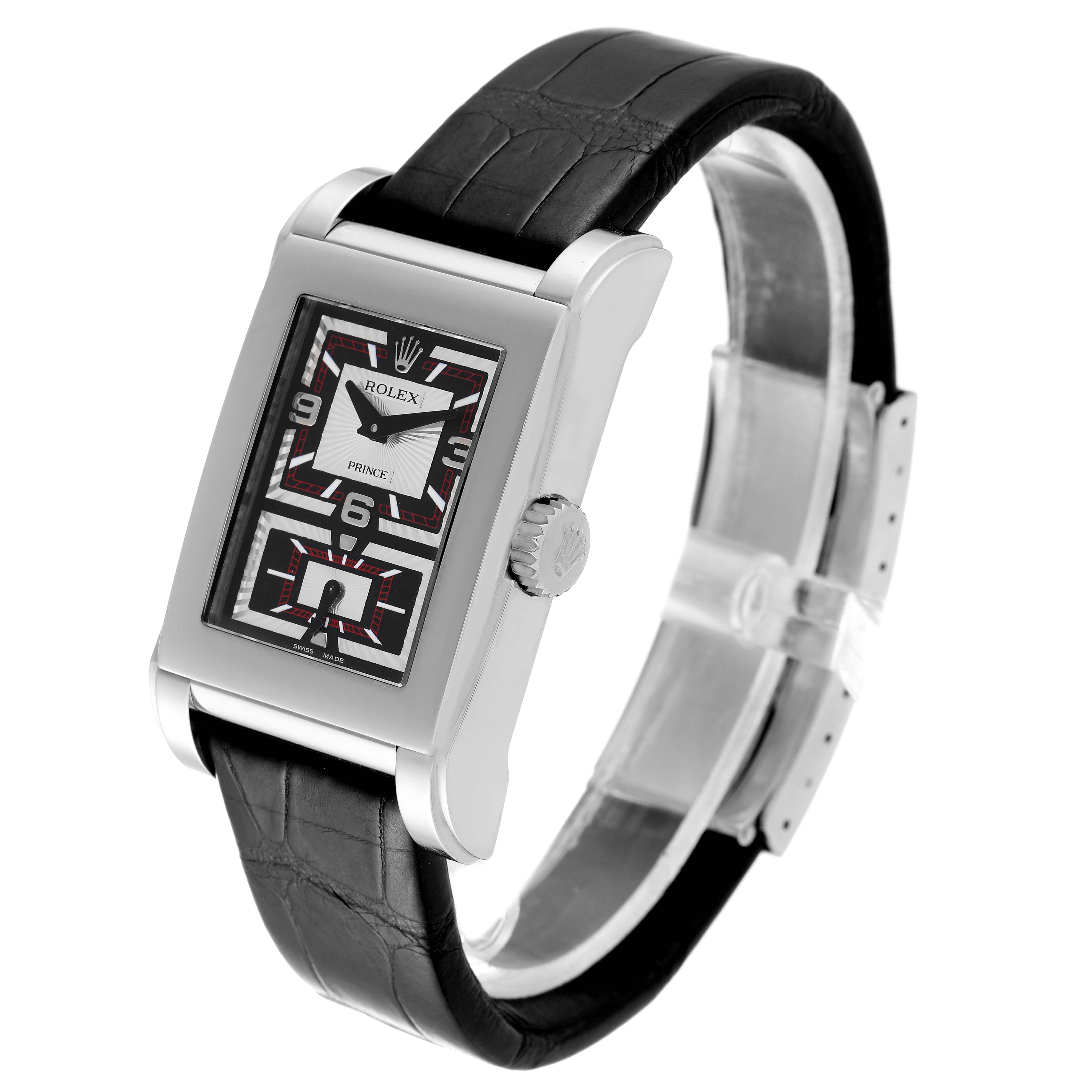 The image shows a Rolex Cellini 5443/9 Men
s White Gold Black Dial 5443/9 Men
s White Gold Black Dial Prince watch at a slight angle, highlighting its rectangular face, crown, and black leather strap.