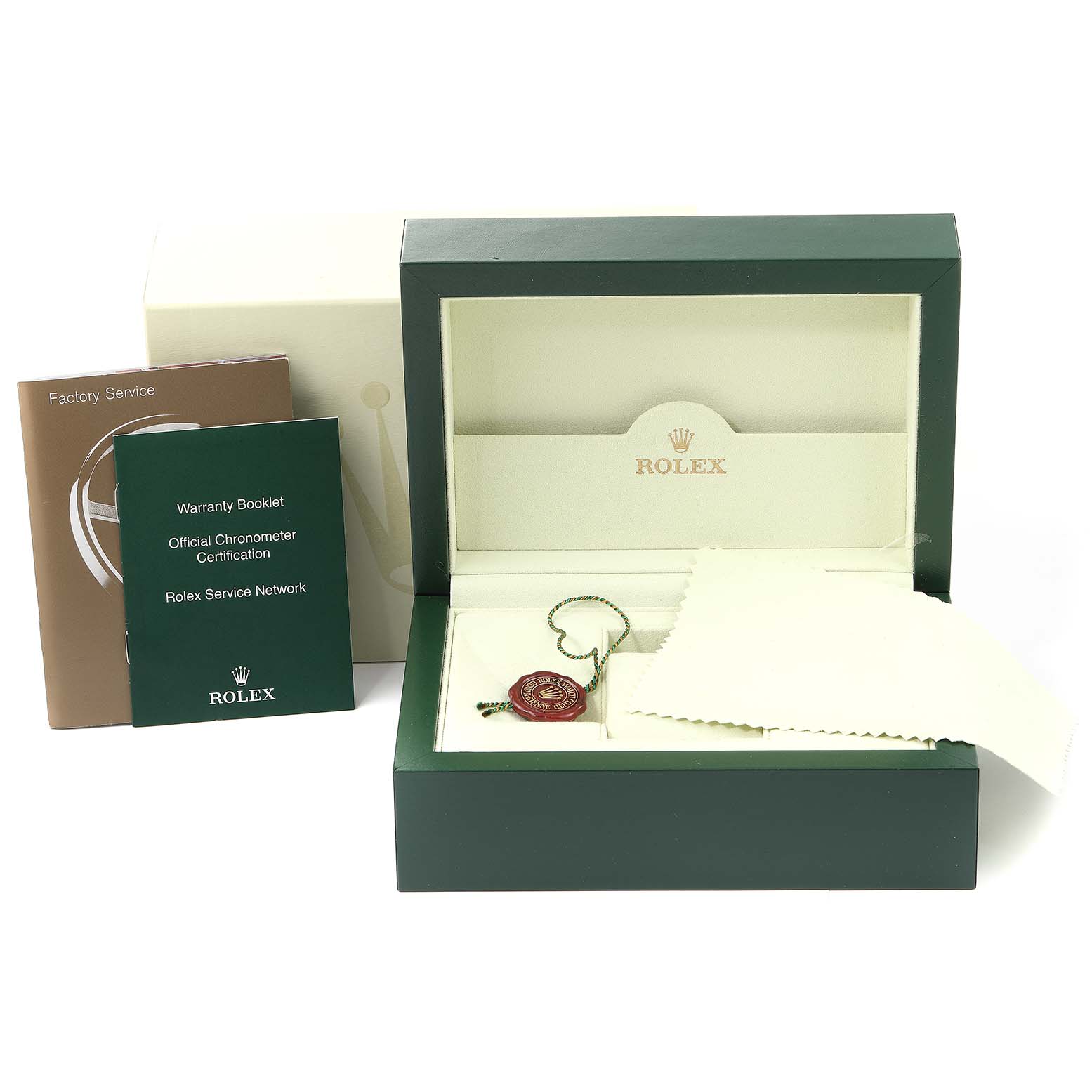 The image shows a Rolex Cellini 5443/9 Men
s White Gold Black Dial 5443/9 Men
s White Gold Black Dial watch box, warranty booklet, factory service book, tag, and a cleaning cloth.