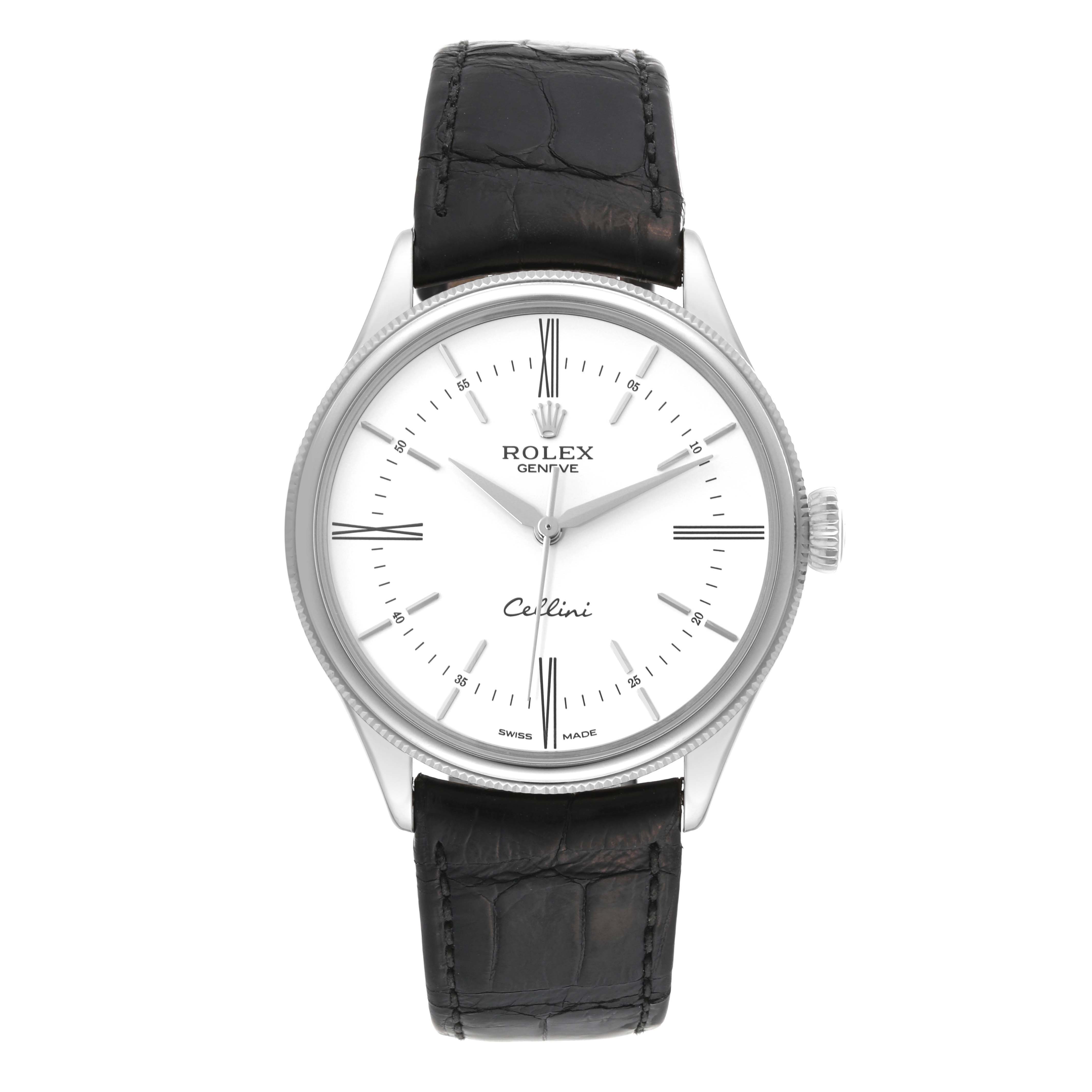 This image shows a front view of a Rolex Cellini 50509 Men's White Gold White Dial 50509 Men's White Gold White Dial watch, displaying its white dial, hands, markers, and black leather strap.