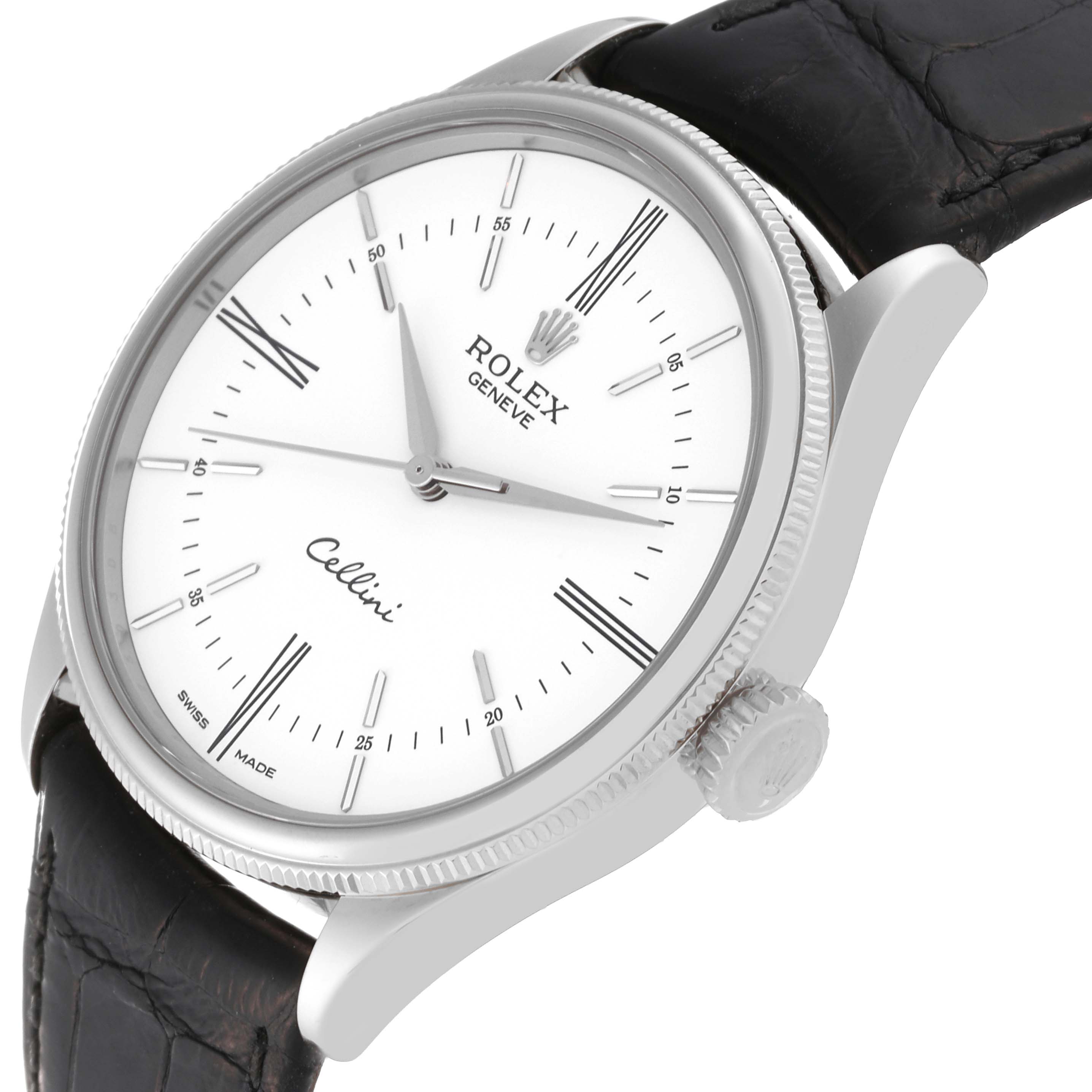 The image shows a Rolex Cellini 50509 Men's White Gold White Dial 50509 Men's White Gold White Dial watch at a slight side angle, highlighting the face, crown, and part of the leather strap.