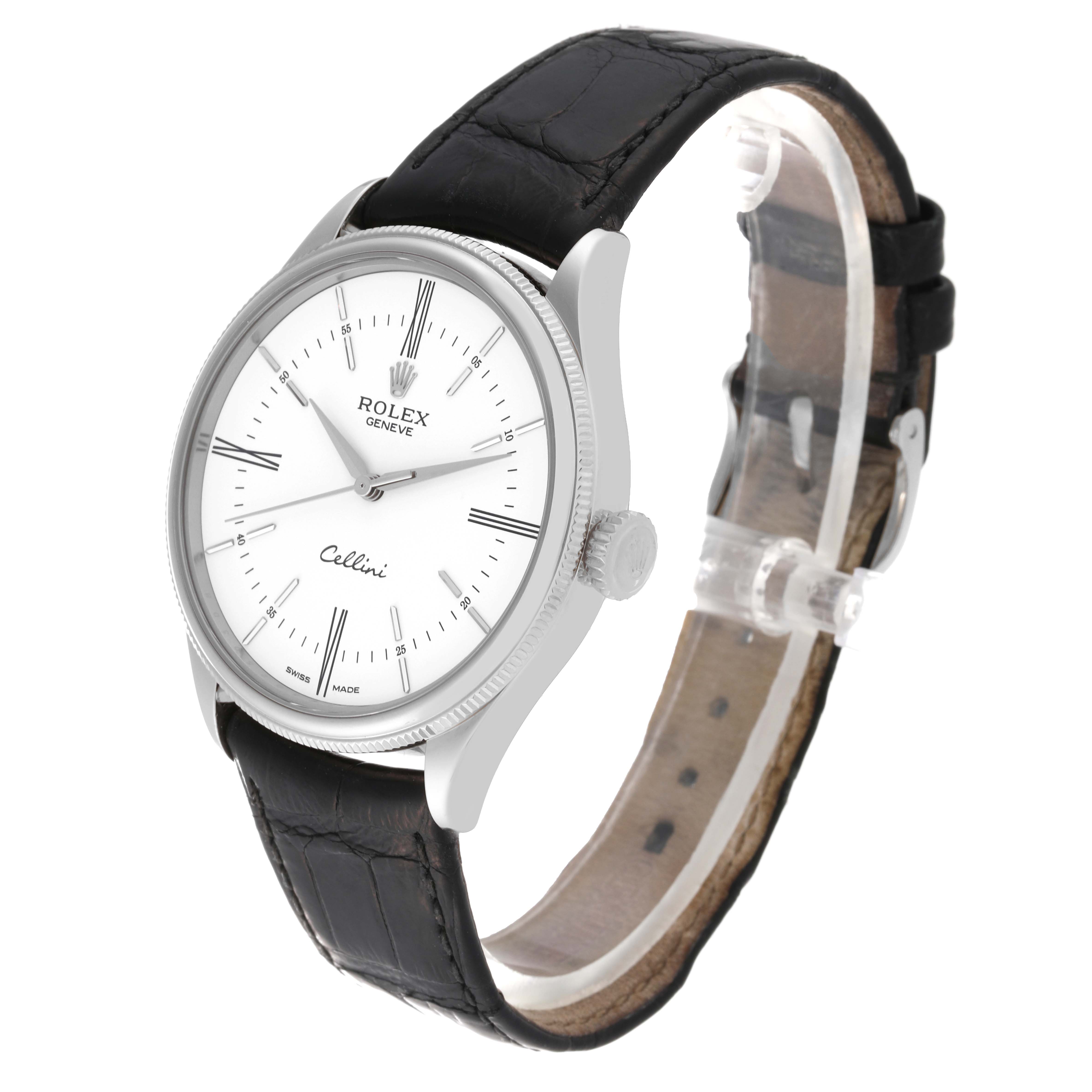 The image shows a Rolex Cellini 50509 Men's White Gold White Dial 50509 Men's White Gold White Dial watch at a three-quarter angle, highlighting its dial, case, crown, and leather strap.
