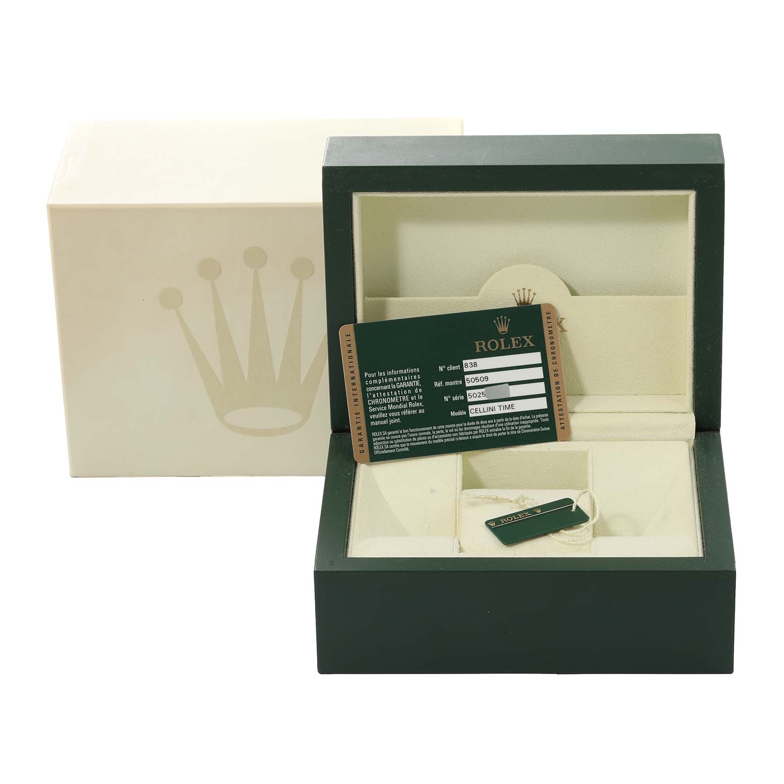 The image shows an open Rolex Cellini 50509 Men's White Gold White Dial 50509 Men's White Gold White Dial watch box with a warranty card and tag inside.