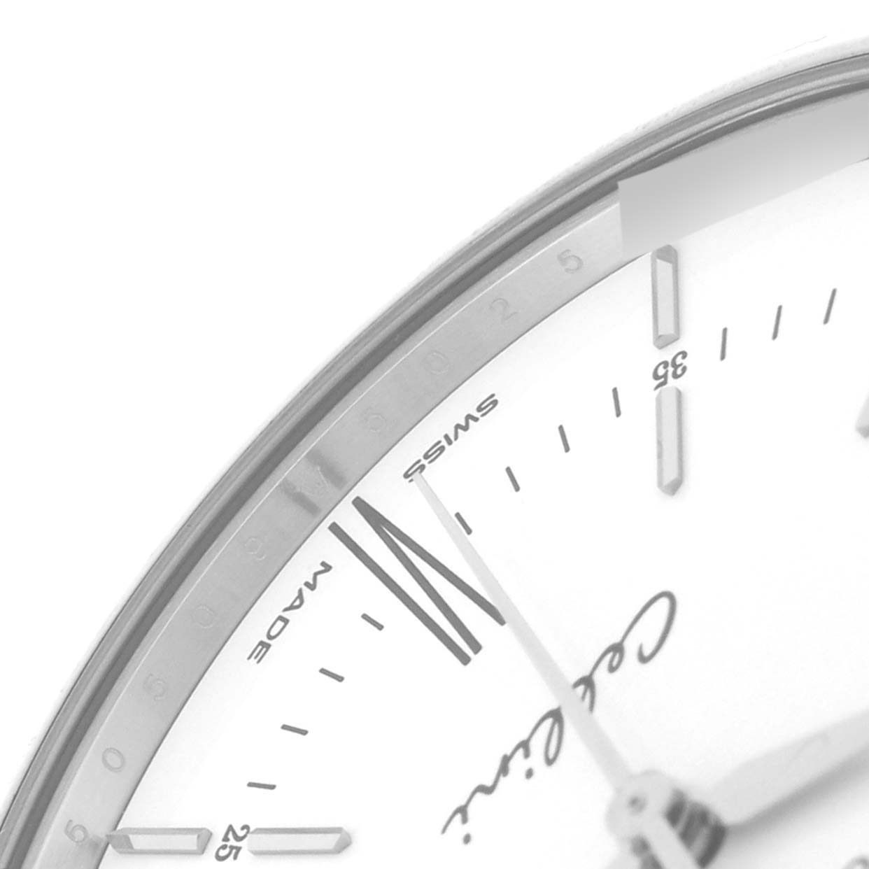 The image shows a close-up of the dial of a Rolex Cellini 50509 Men's White Gold White Dial 50509 Men's White Gold White Dial watch, focusing on the hour markers, hands, and the word "Swiss."