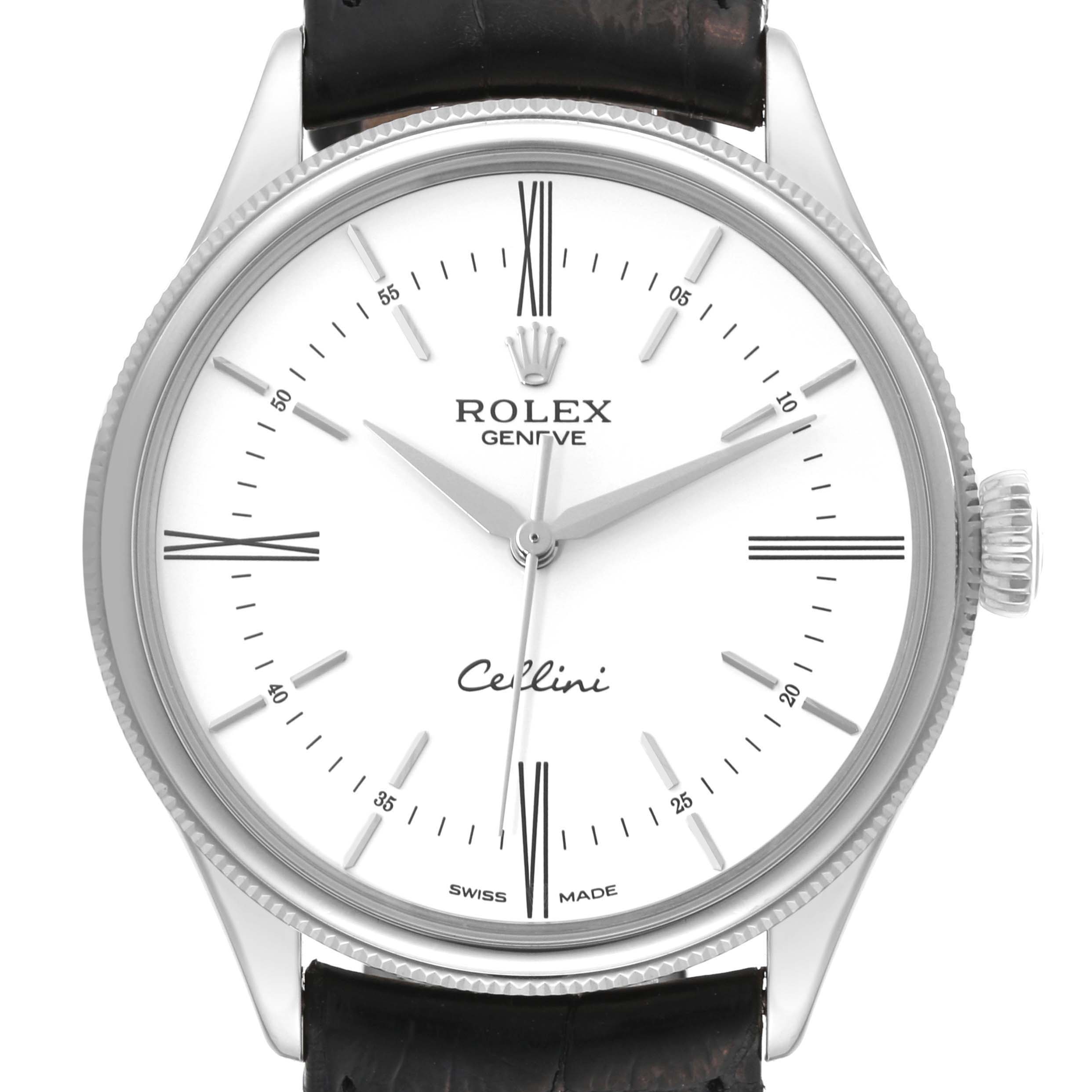 The image shows a close-up frontal view of the Rolex Cellini 50509 Men's White Gold White Dial 50509 Men's White Gold White Dial watch, highlighting the dial, hands, and part of the strap.