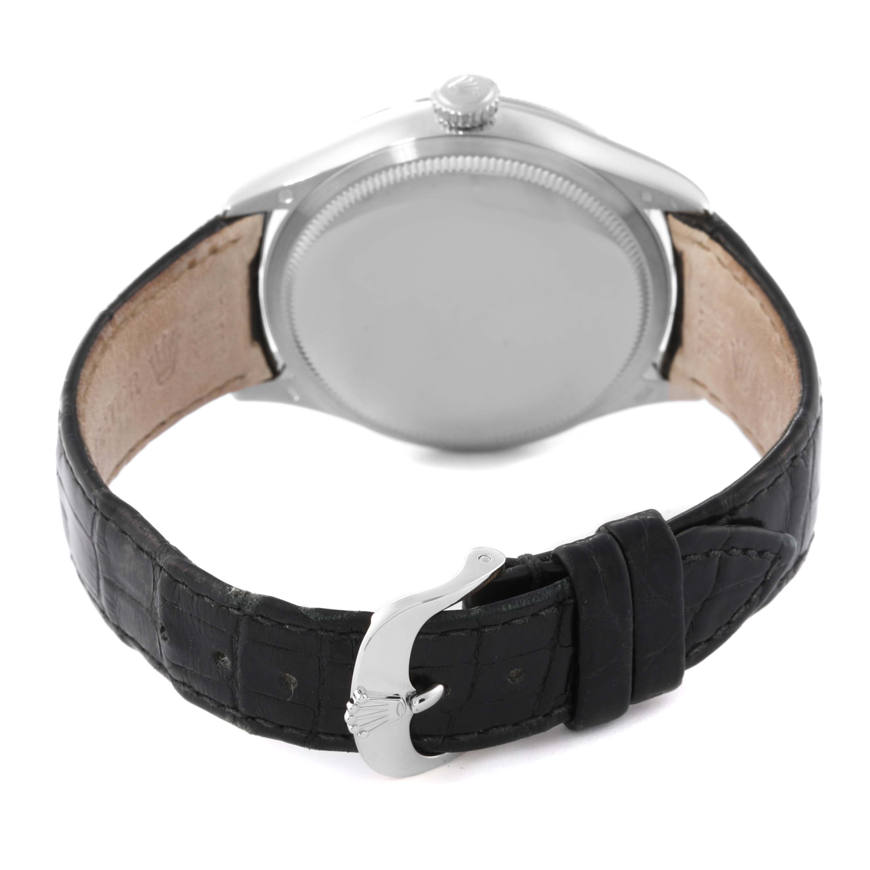 The image shows the back and buckle of a Rolex Cellini 50509 Men's White Gold White Dial 50509 Men's White Gold White Dial watch taken from a rear angle.