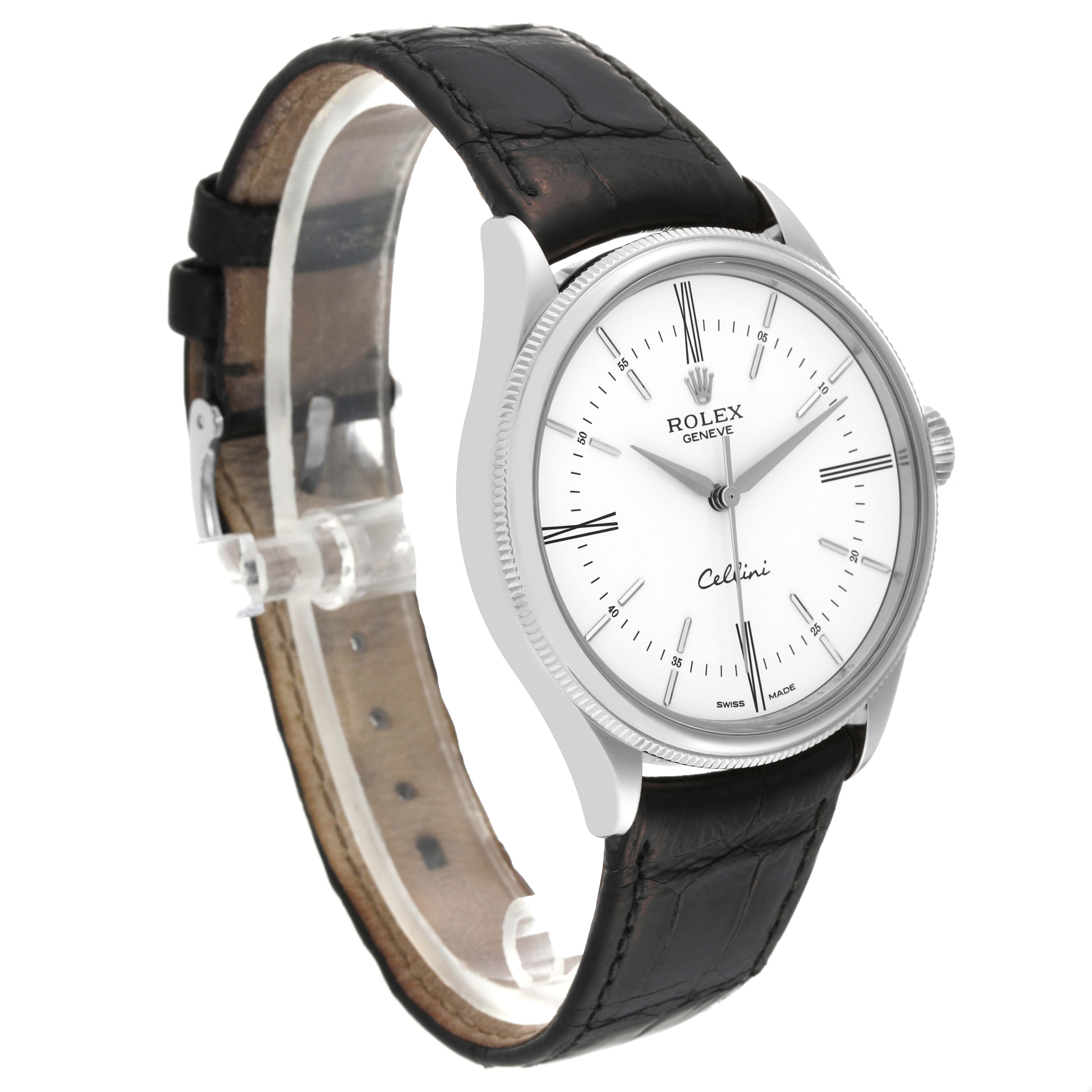 The image shows the Rolex Cellini 50509 Men's White Gold White Dial 50509 Men's White Gold White Dial watch from a front-left angle, highlighting the dial and black leather strap.