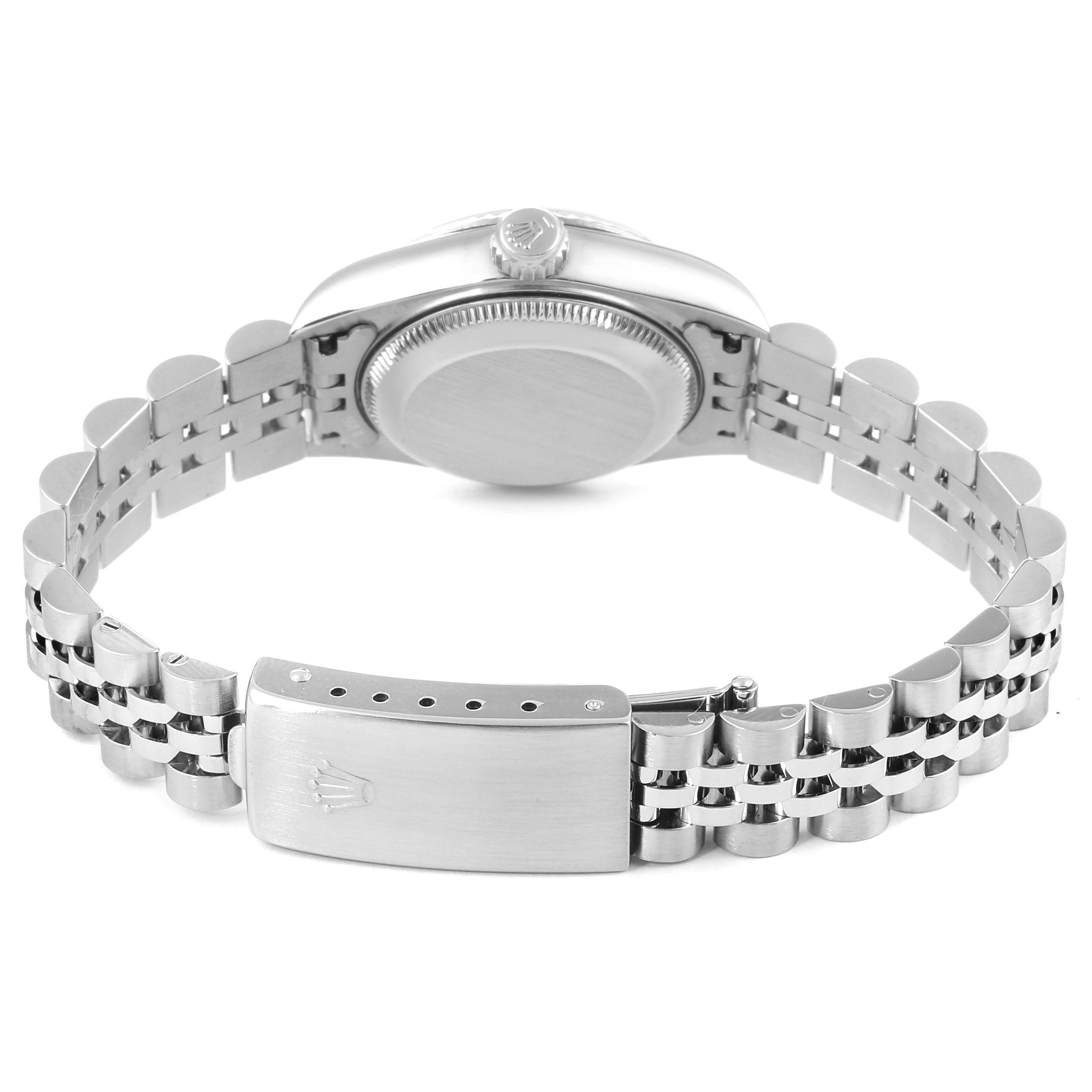 The image shows the back view of a Rolex Datejust 79174 Women
s Stainless Steel Black Dial 79174 Women
s Stainless Steel Black Dial watch, focusing on the case, bracelet, and clasp.