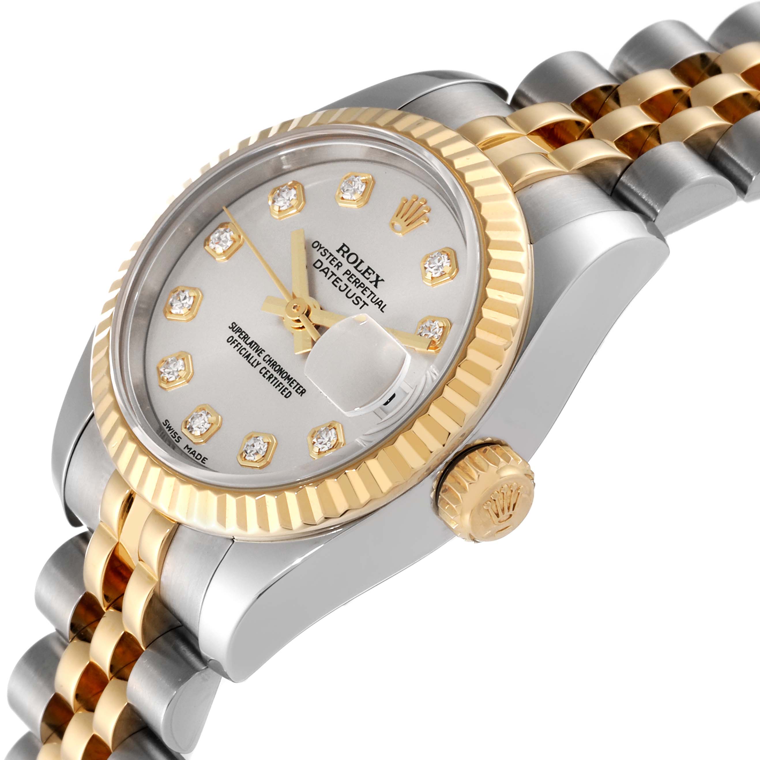 The image shows a Rolex Datejust 179173 Women's Steel and Gold (two tone) Silver Dial 179173 Women's Steel and Gold (two tone) Silver Dial watch at an angle highlighting the dial, bezel, crown, and part of the bracelet.
