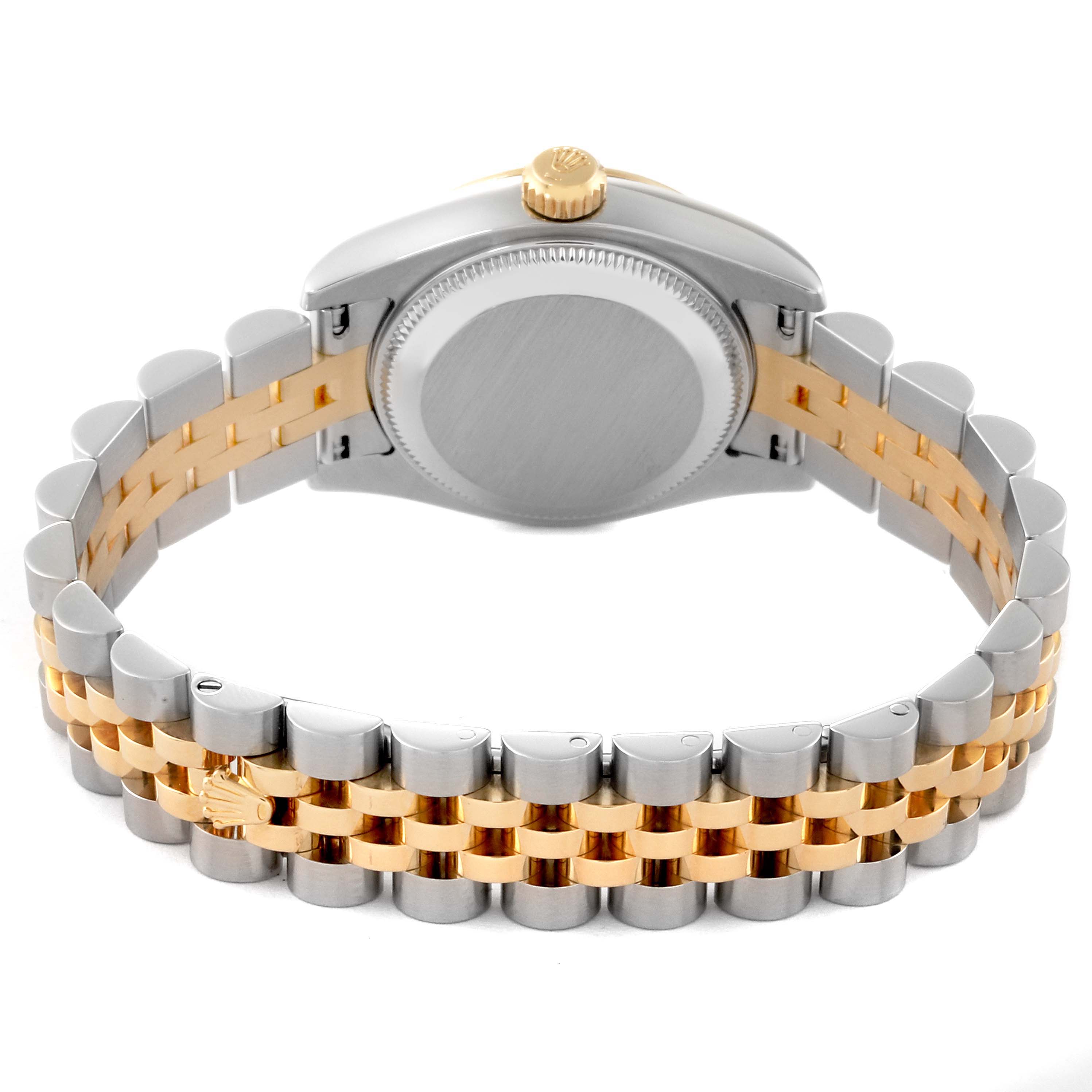 This image shows the back case and two-tone bracelet of a Rolex Datejust 179173 Women's Steel and Gold (two tone) Silver Dial 179173 Women's Steel and Gold (two tone) Silver Dial watch.