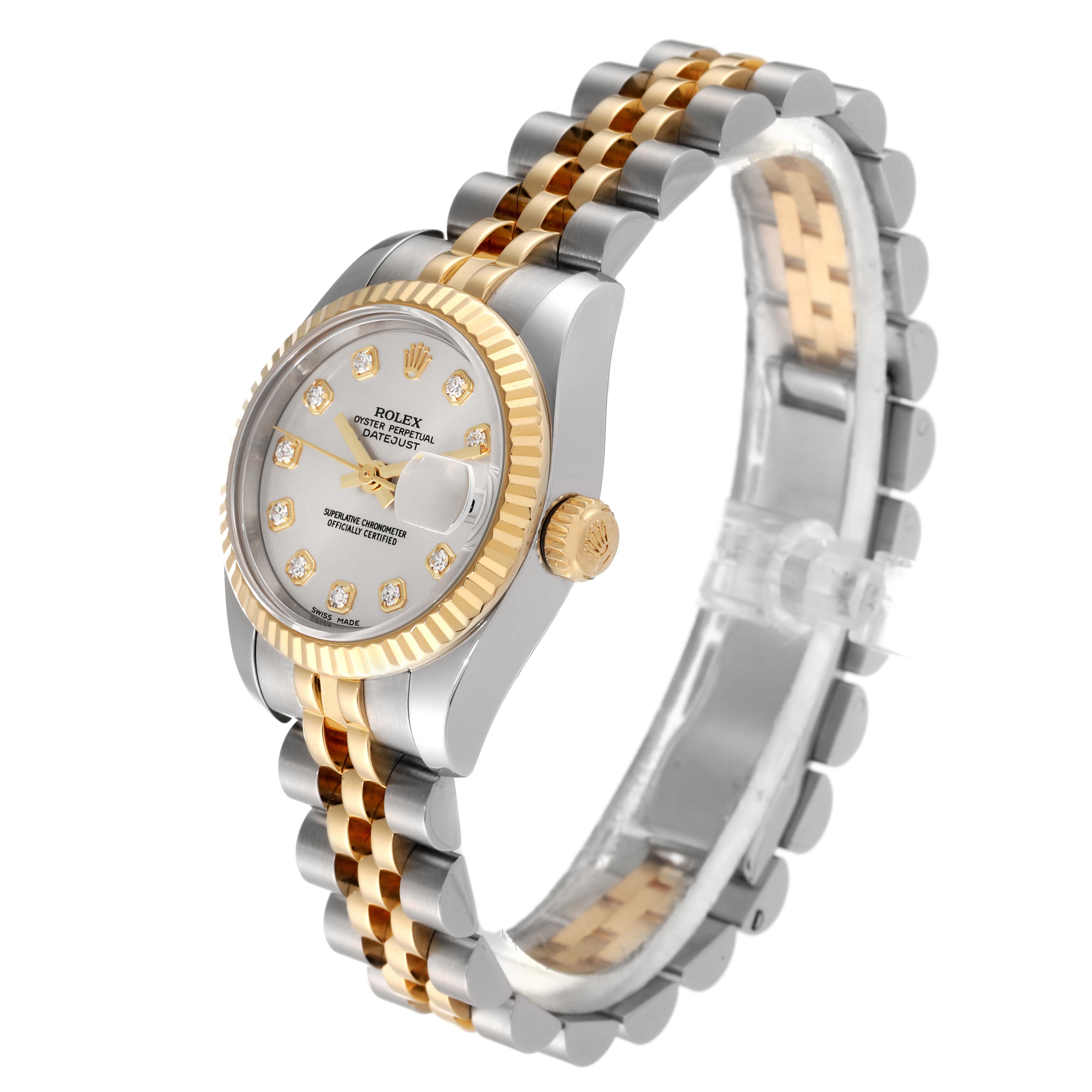 The image shows a Rolex Datejust 179173 Women's Steel and Gold (two tone) Silver Dial 179173 Women's Steel and Gold (two tone) Silver Dial watch at a 45-degree angle, highlighting its two-tone bracelet, fluted bezel, and dial with diamond markers.