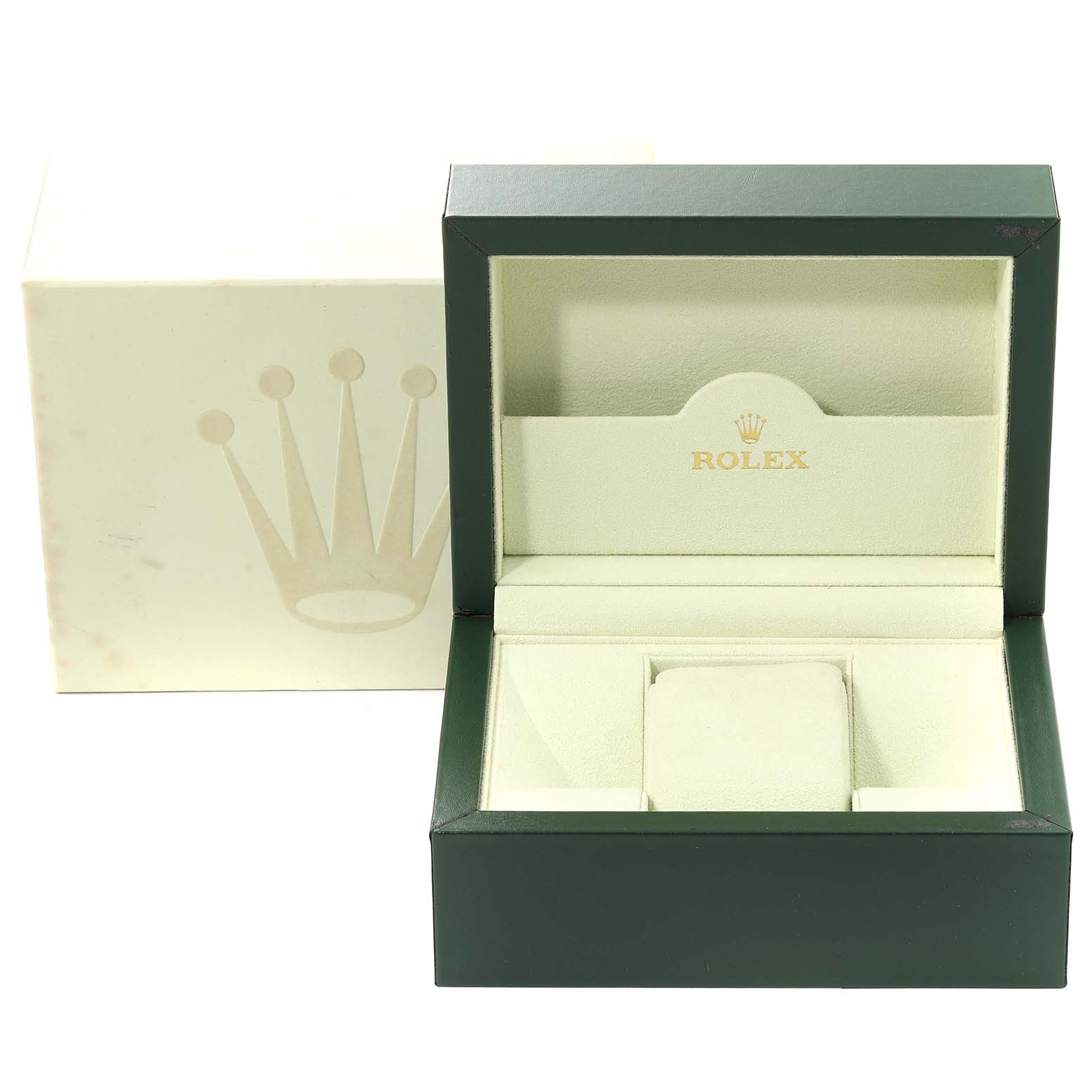 This image shows an open Rolex Datejust 179173 Women's Steel and Gold (two tone) Silver Dial 179173 Women's Steel and Gold (two tone) Silver Dial watch box with its outer box in the background.