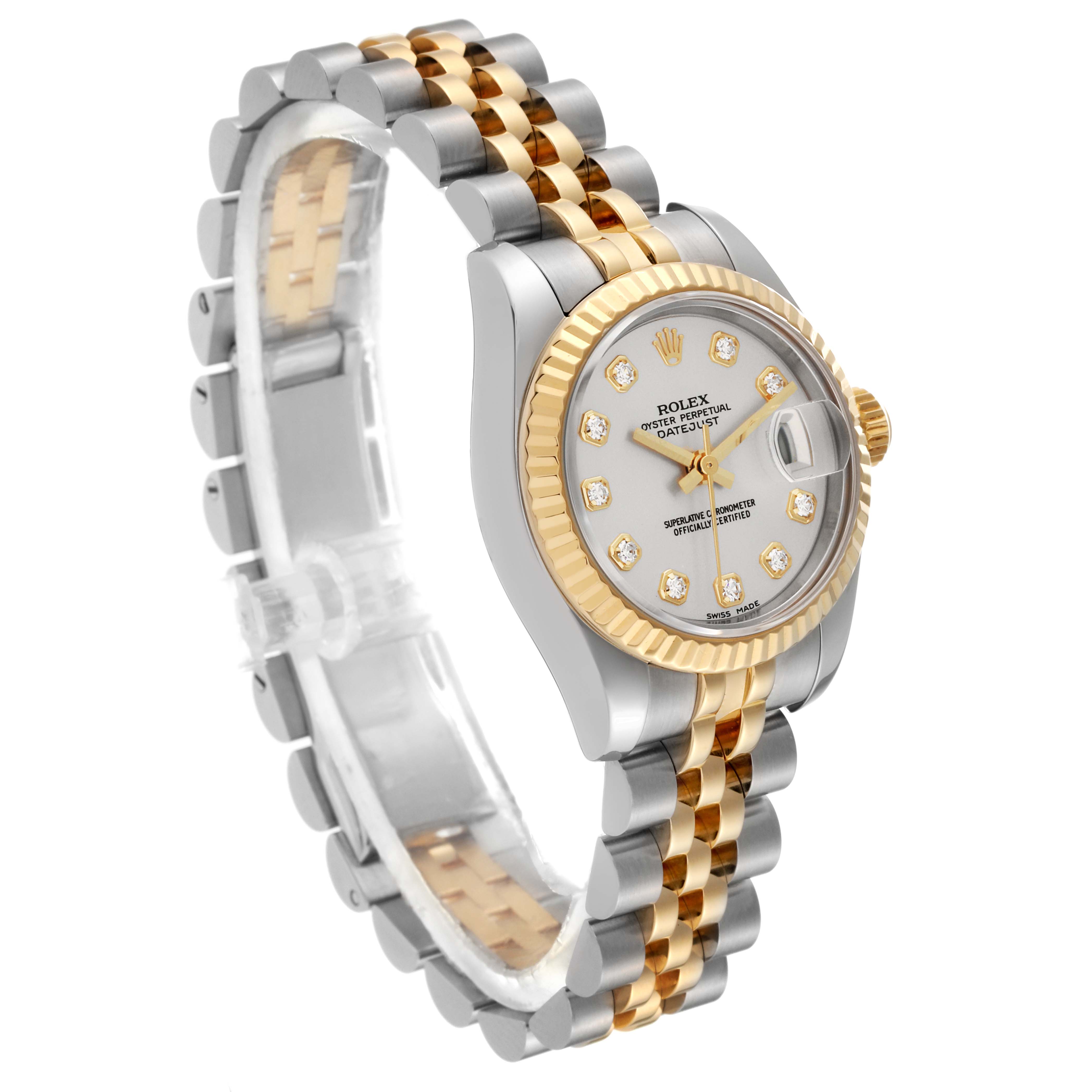 The image shows a side angle view of a Rolex Datejust 179173 Women's Steel and Gold (two tone) Silver Dial 179173 Women's Steel and Gold (two tone) Silver Dial model watch, highlighting its two-tone bracelet, fluted bezel, and dial with diamond markers.