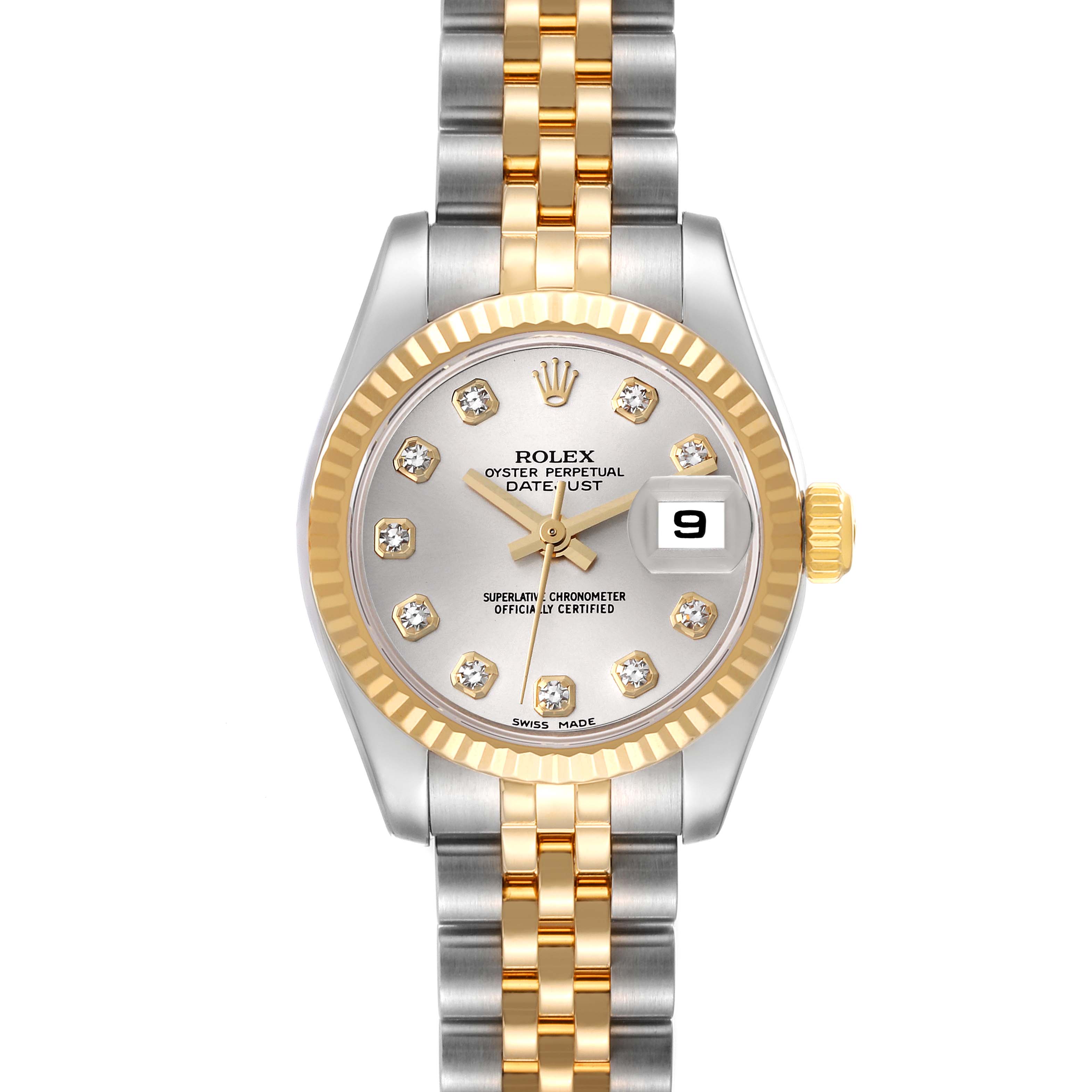 This image shows a Rolex Datejust 179173 Women's Steel and Gold (two tone) Silver Dial 179173 Women's Steel and Gold (two tone) Silver Dial watch from a front angle, highlighting its dial, bezel, and two-tone bracelet.