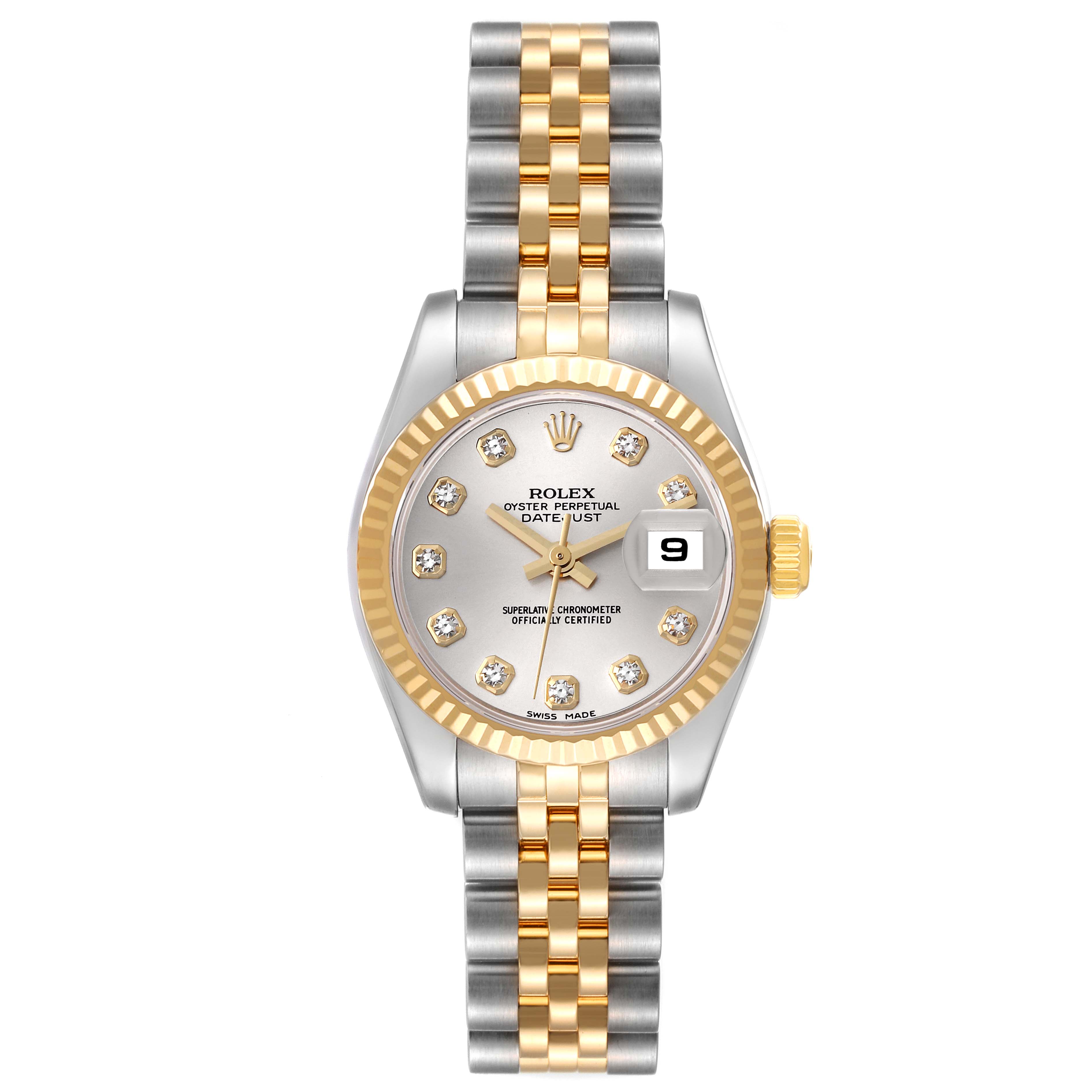 This Rolex Datejust 179173 Women's Steel and Gold (two tone) Silver Dial 179173 Women's Steel and Gold (two tone) Silver Dial watch is shown from the front, highlighting its dial, bezel, bracelet, and date window.