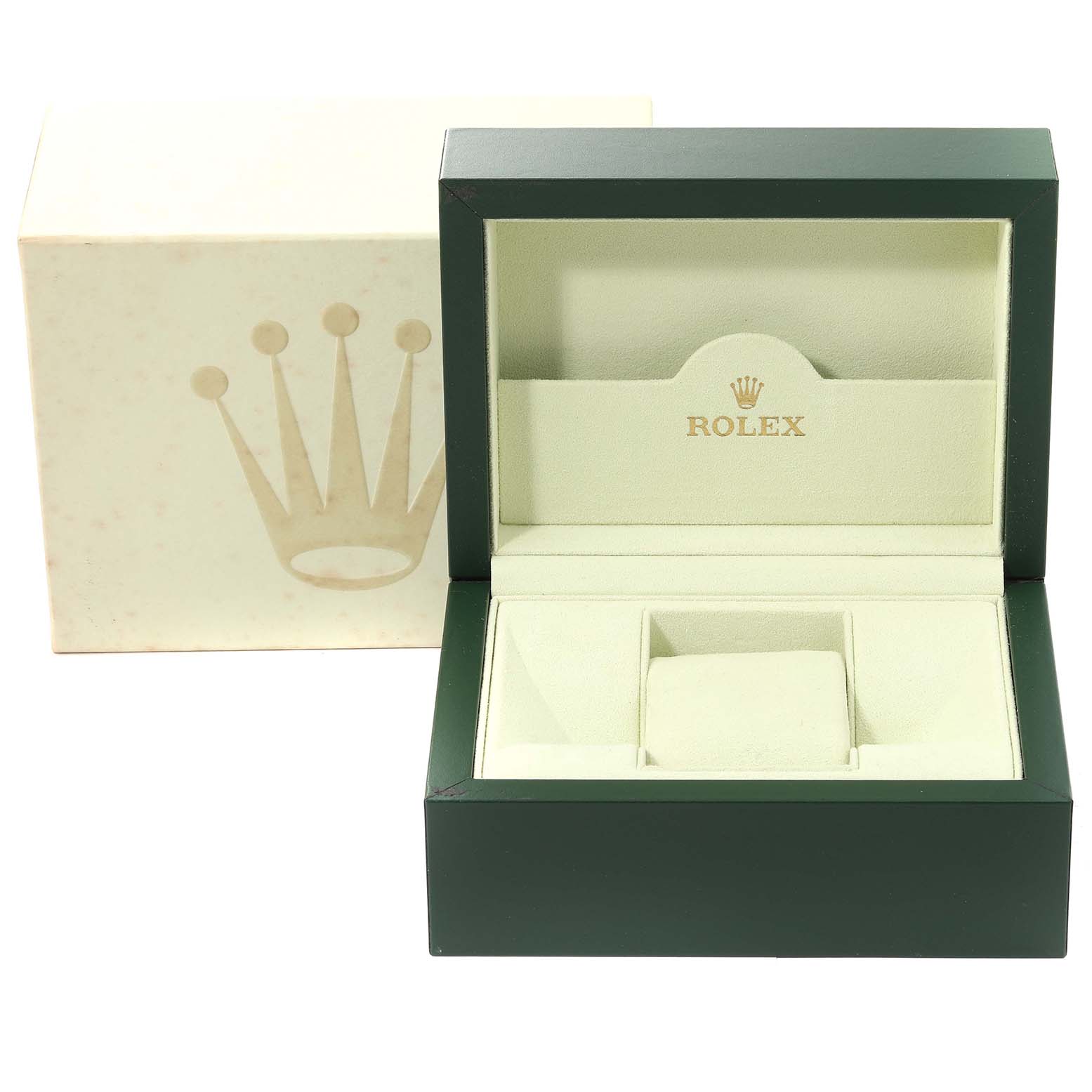 The image shows an open Rolex watch box for the Mid-Size model, with both the outer carton and the inner display box visible.