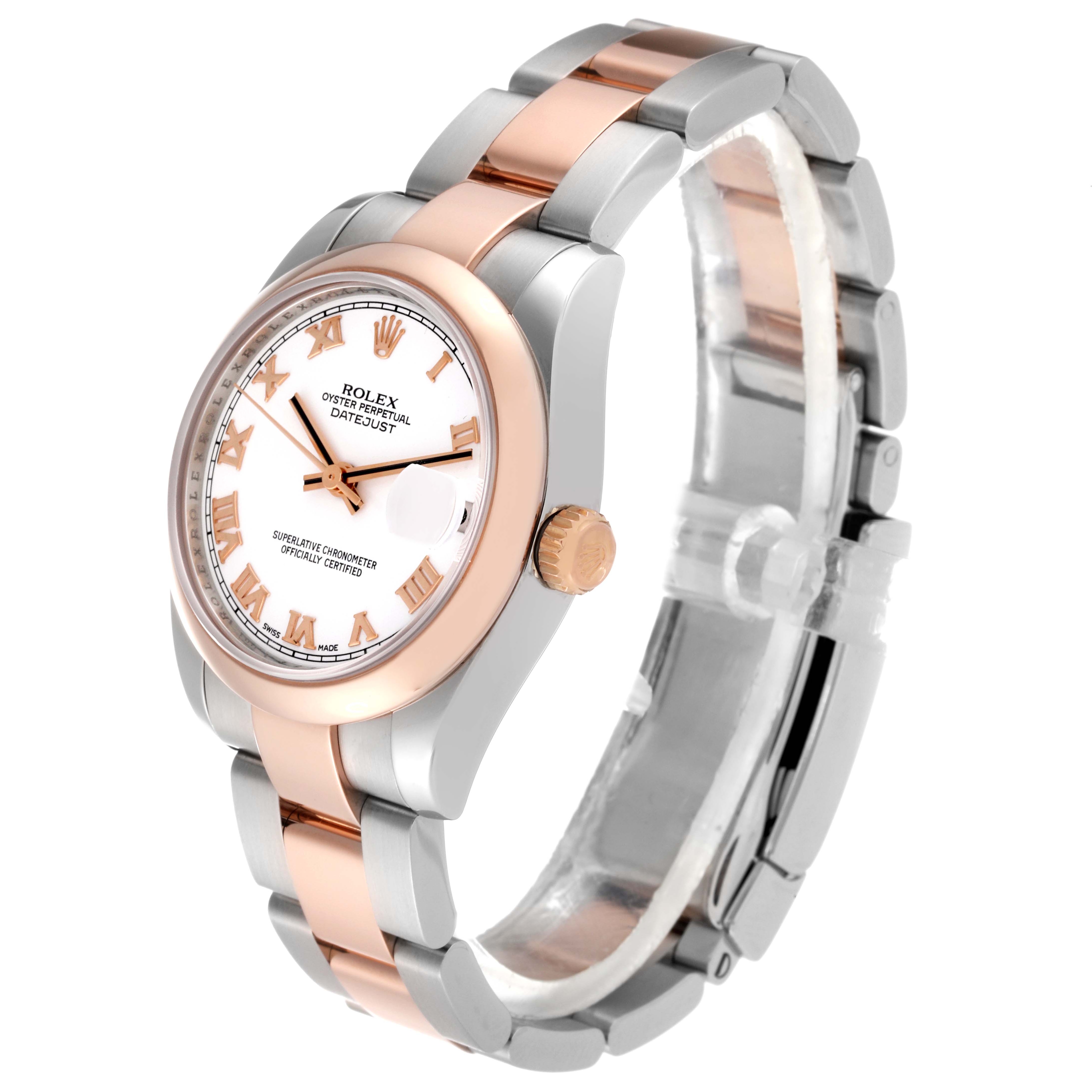 This image shows a side angle of the Rolex Mid-Size 178241 Women's Steel and Gold (two tone) White Dial 178241 Women's Steel and Gold (two tone) White Dial Oyster Perpetual Datejust watch, highlighting its two-tone bracelet and dial.