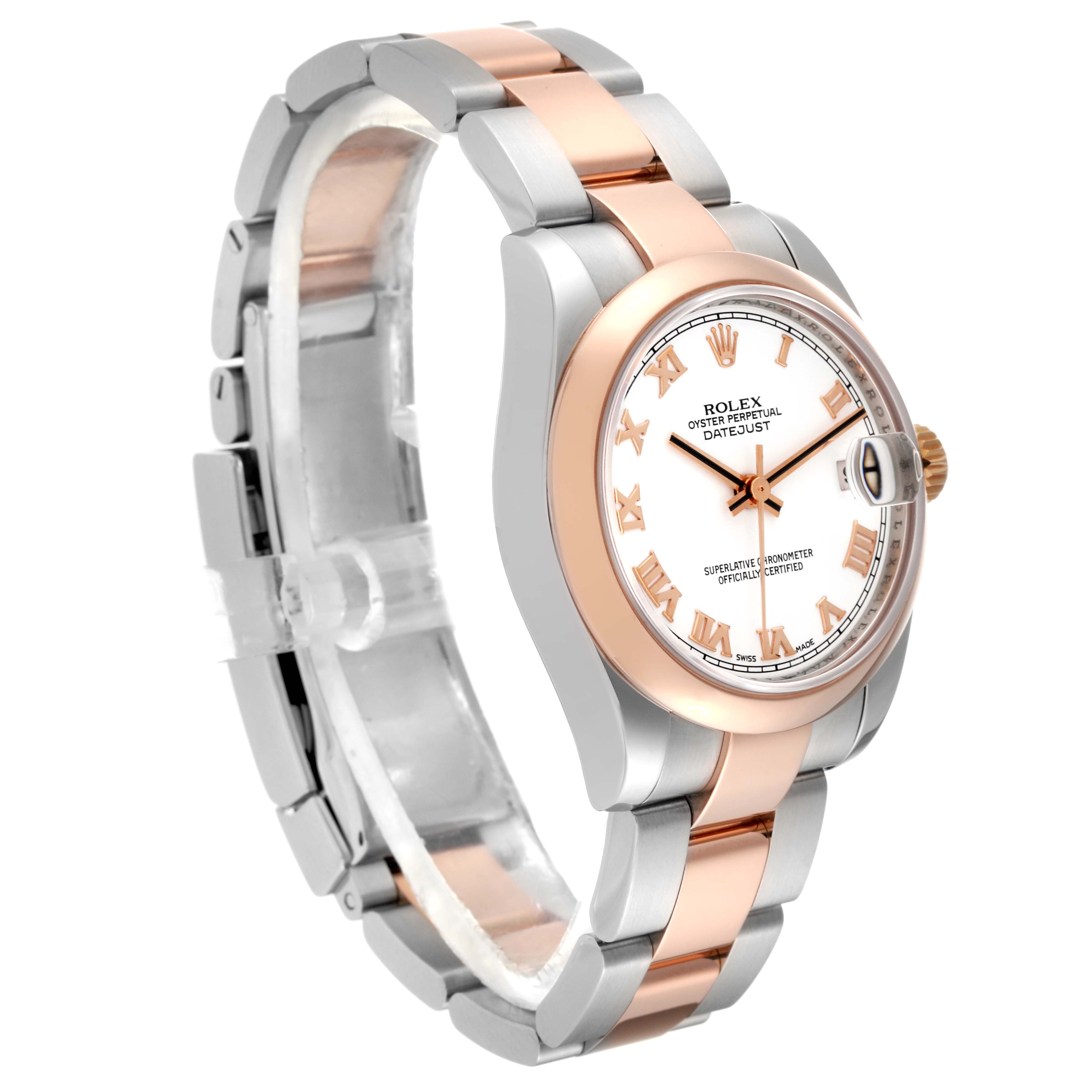 The image shows a side-angle view of a Rolex Mid-Size 178241 Women's Steel and Gold (two tone) White Dial 178241 Women's Steel and Gold (two tone) White Dial Datejust watch, highlighting its two-tone bracelet and Roman numeral dial.