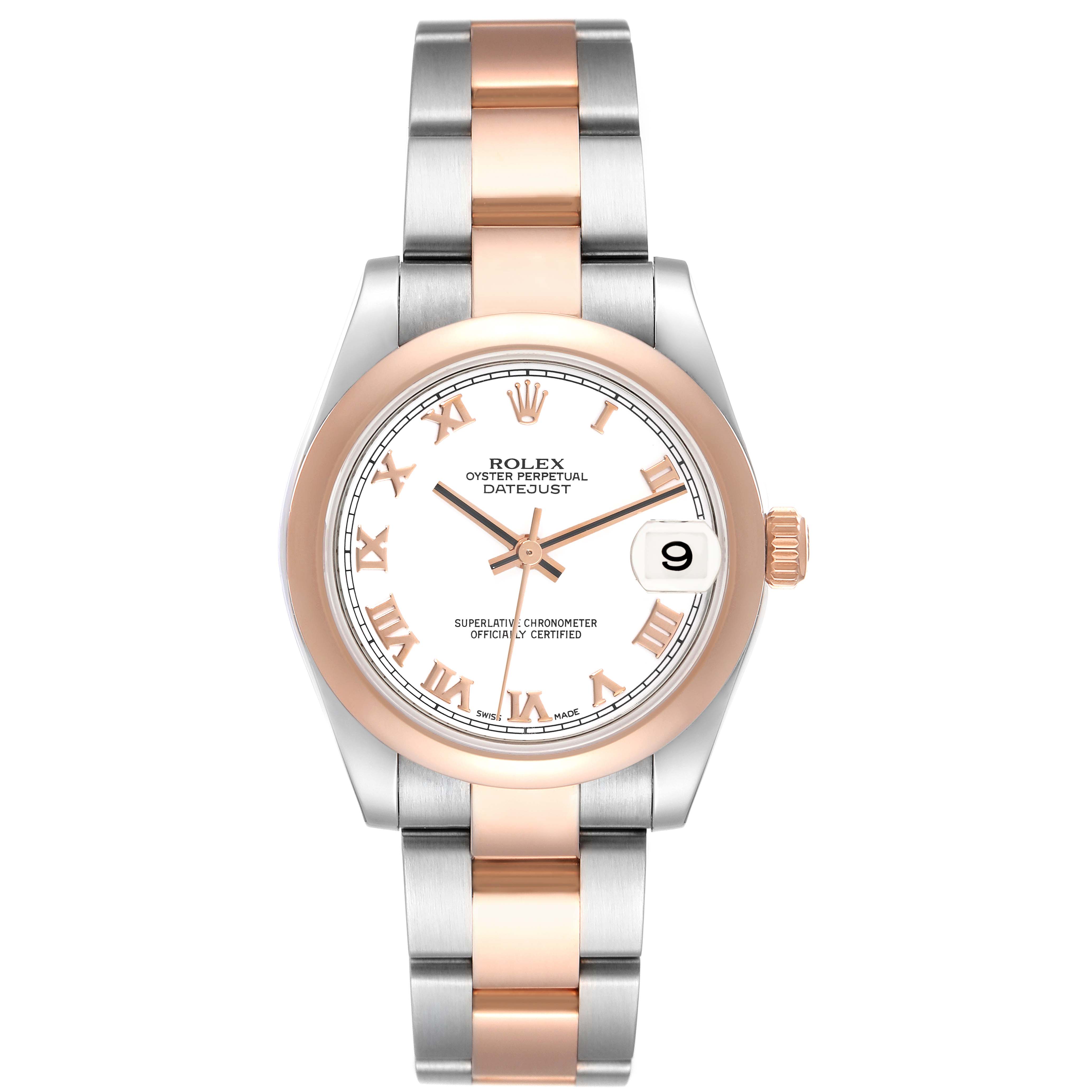 This image shows a frontal view of a Rolex Oyster Perpetual Datejust Mid-Size watch, highlighting its face, bezel, and bracelet.