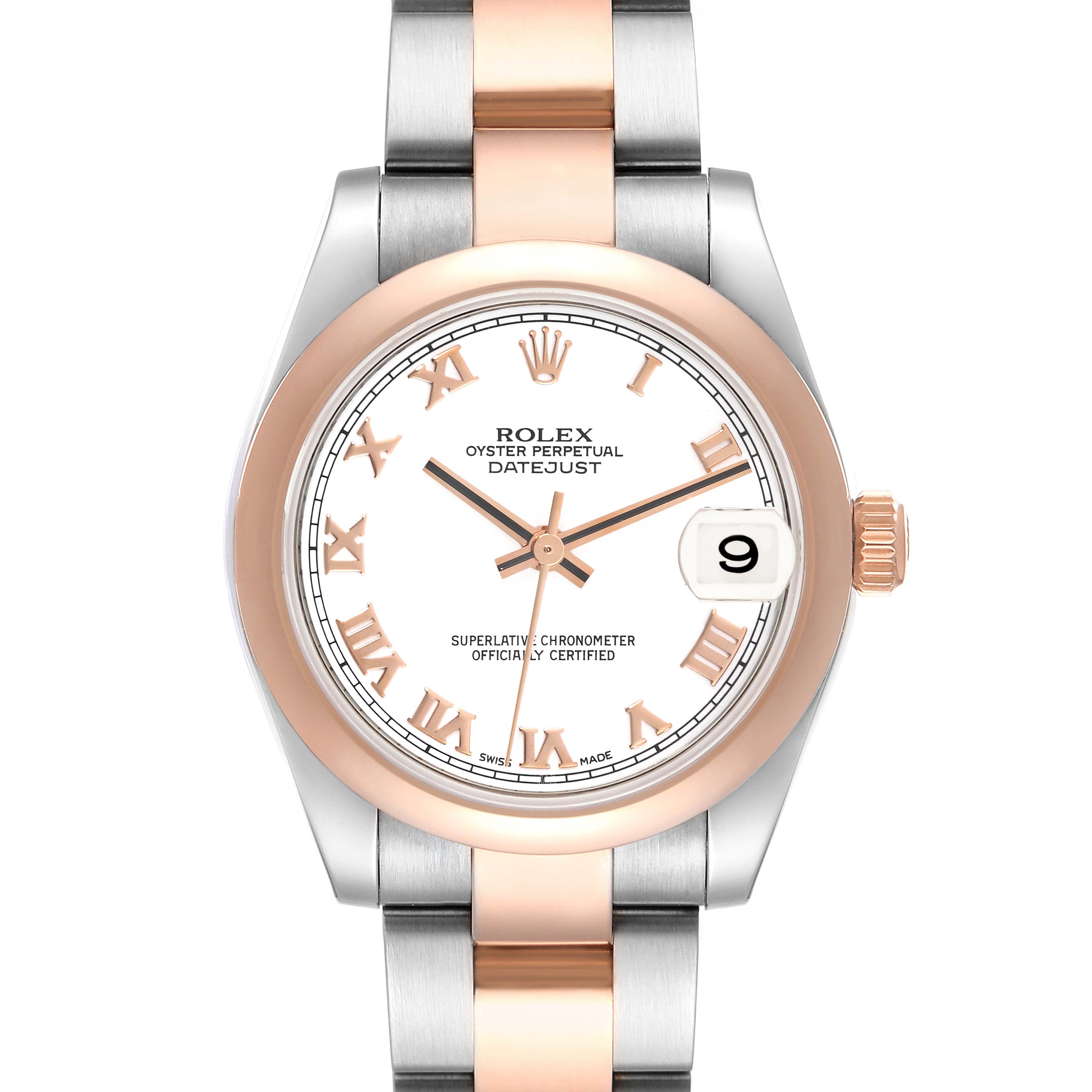 The image shows a front view of a Mid-Size Rolex Oyster Perpetual Datejust watch, highlighting the dial, bezel, and bracelet.