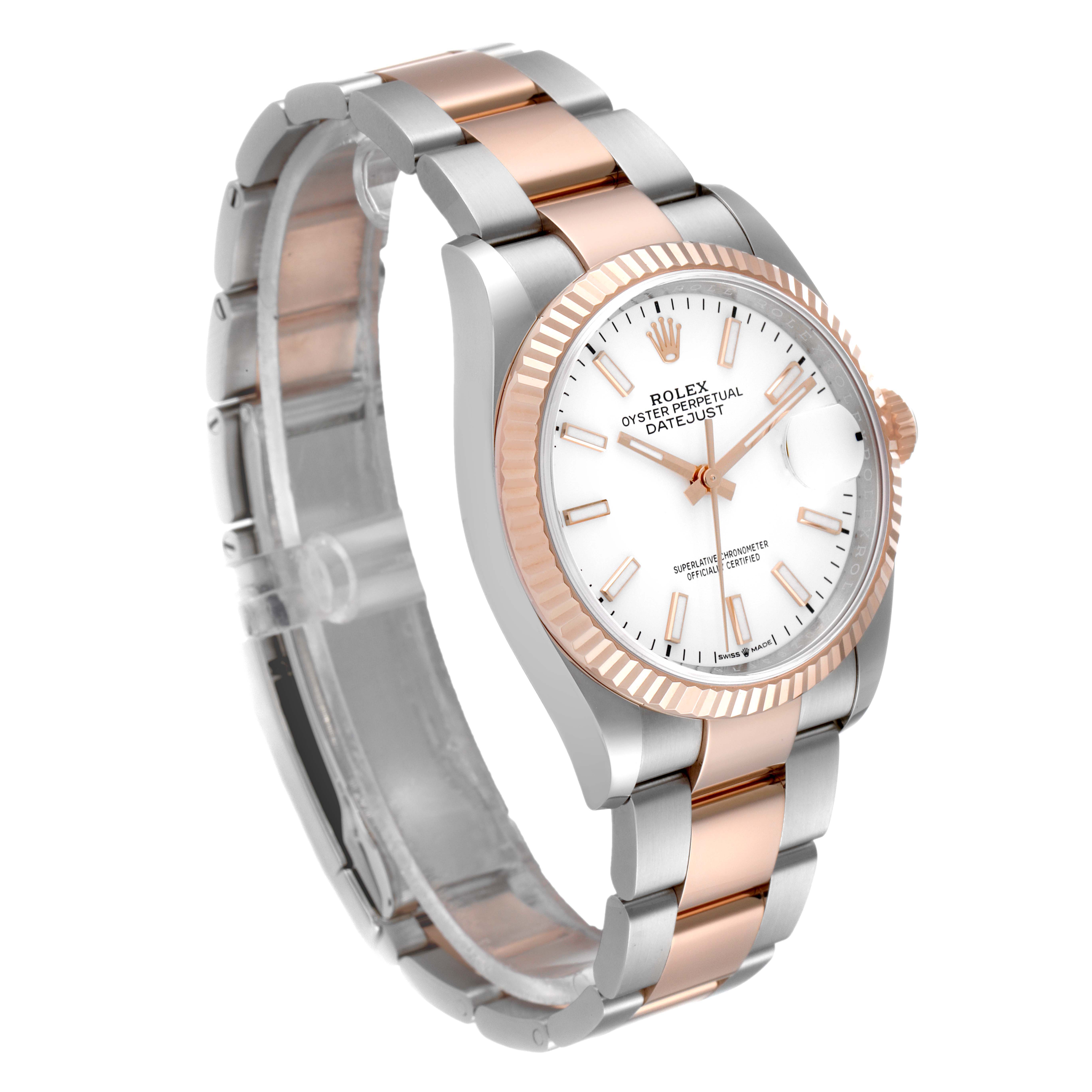 The image shows a side perspective of a Rolex Datejust 126231 Men's Steel and Gold (two tone) White Dial 126231 Men's Steel and Gold (two tone) White Dial watch, highlighting its bracelet, bezel, and dial.