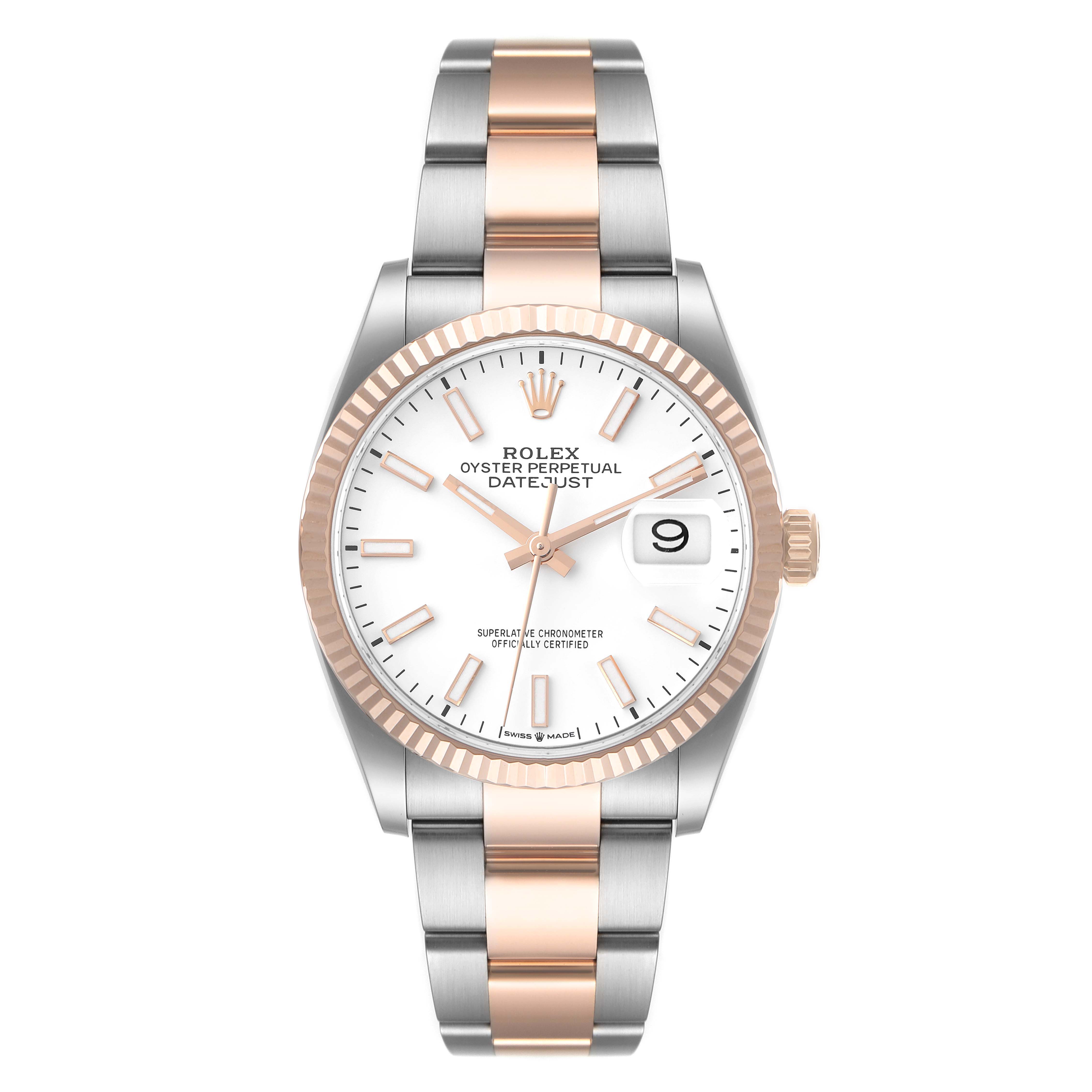 The Rolex Datejust 126231 Men's Steel and Gold (two tone) White Dial 126231 Men's Steel and Gold (two tone) White Dial watch is shown from a front view, highlighting its dial, bracelet, bezel, and crown.