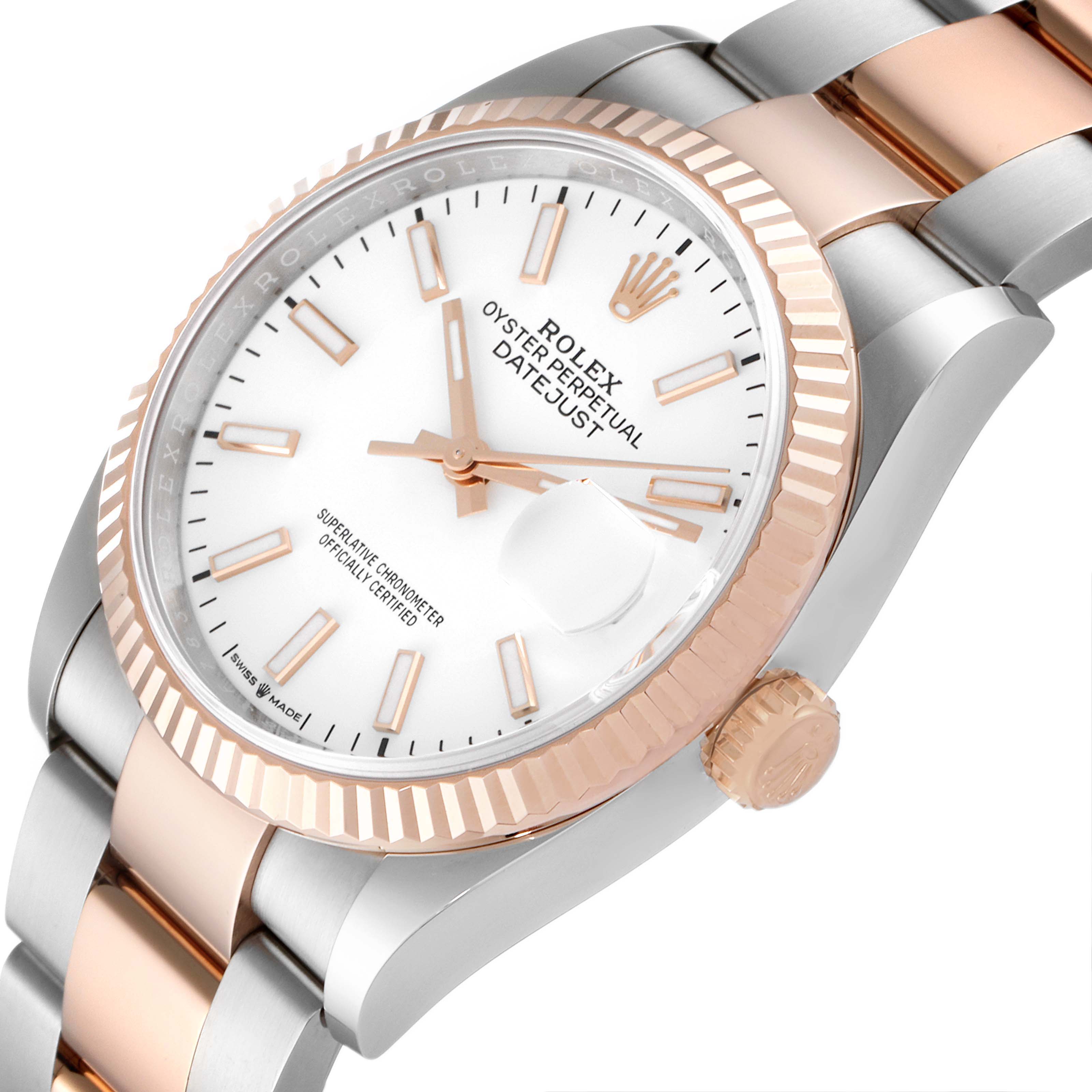 The image shows a close-up of the Rolex Datejust 126231 Men's Steel and Gold (two tone) White Dial 126231 Men's Steel and Gold (two tone) White Dial watch from an angled side view, highlighting its face, bezel, and part of the bracelet.