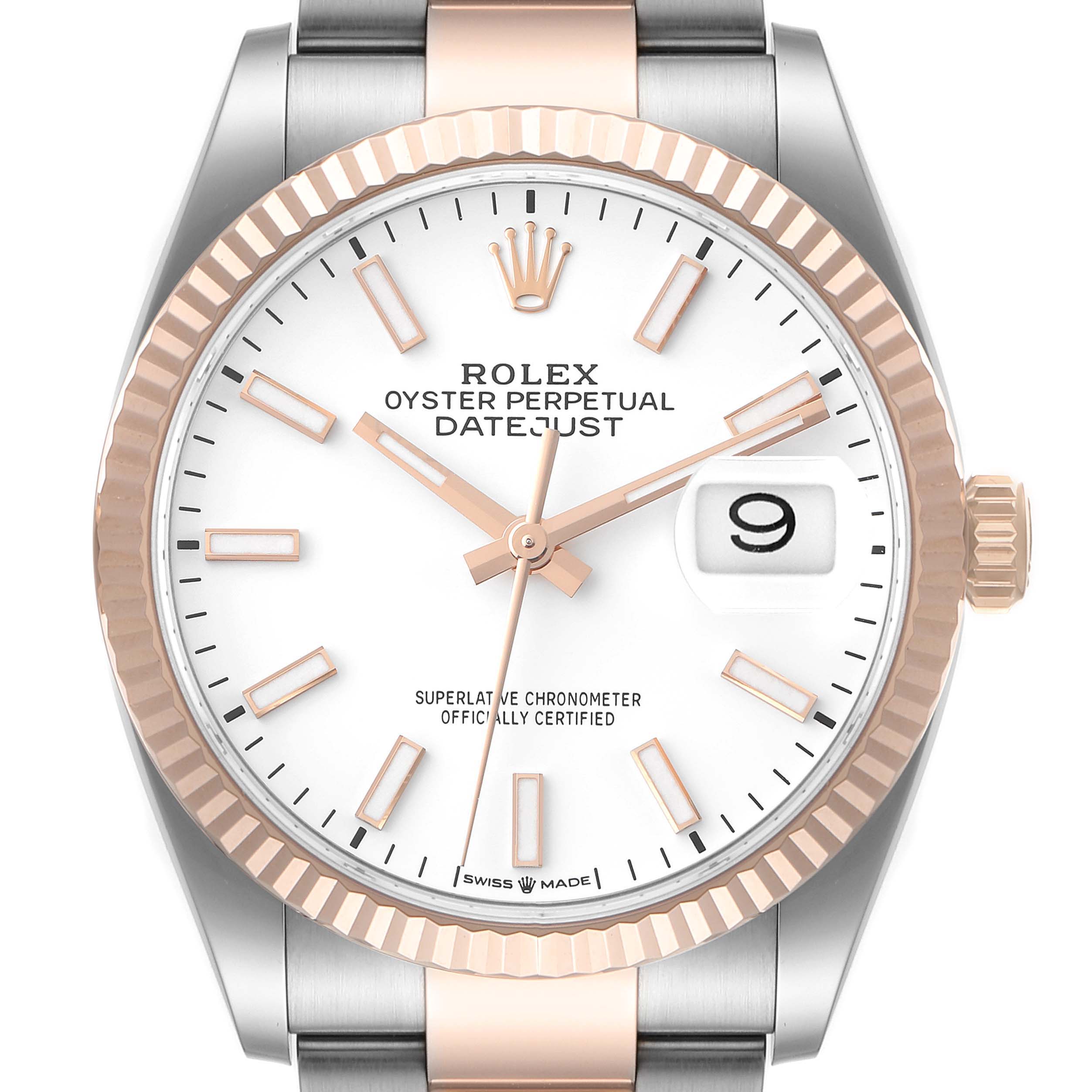 This image shows a front view of the Rolex Datejust 126231 Men's Steel and Gold (two tone) White Dial 126231 Men's Steel and Gold (two tone) White Dial, highlighting the dial, hands, crown, and fluted bezel.