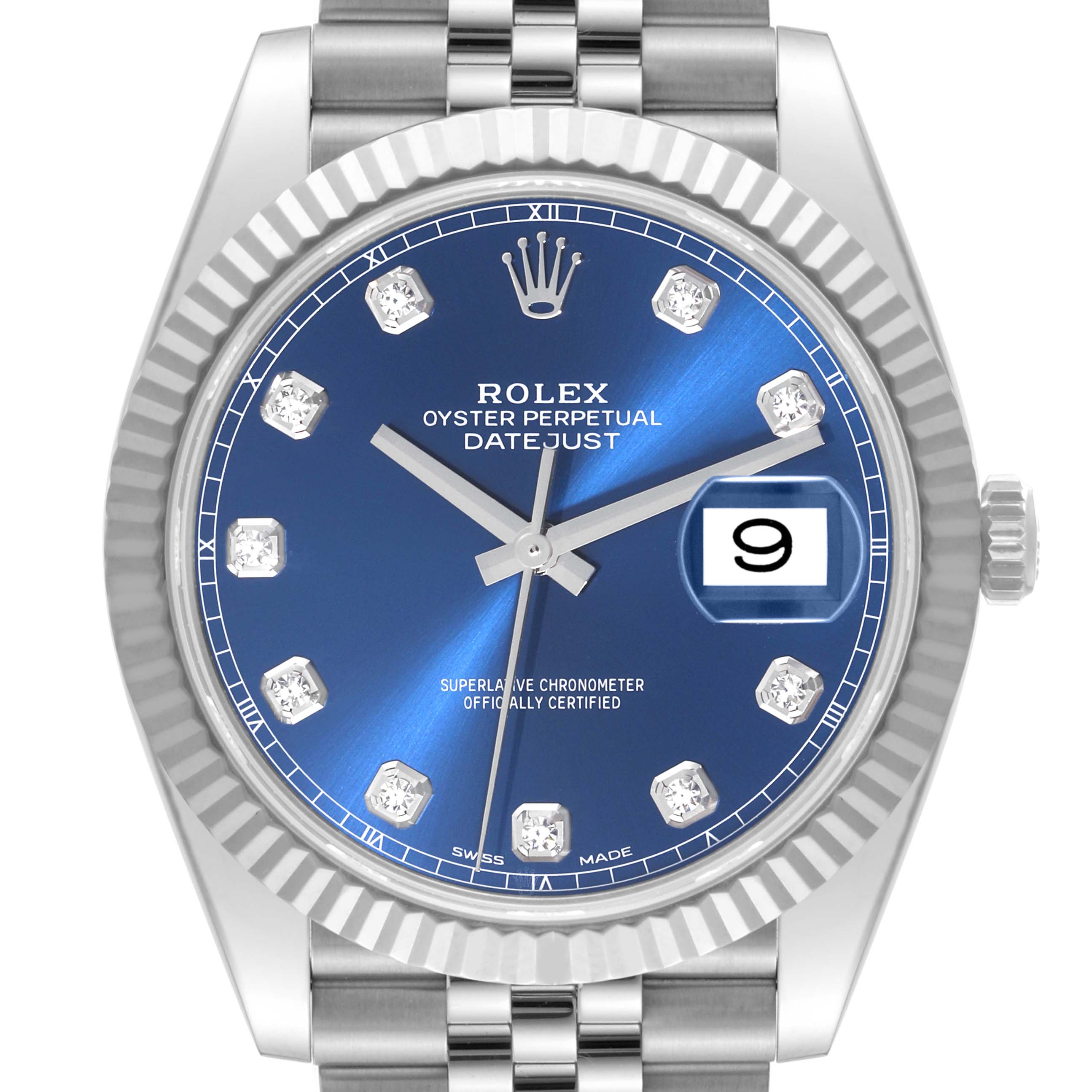 The image shows a front view of the Rolex Datejust 41 126334 Men's Stainless Steel Blue Dial 126334 Men's Stainless Steel Blue Dial watch, featuring its blue dial, date window, and fluted bezel.