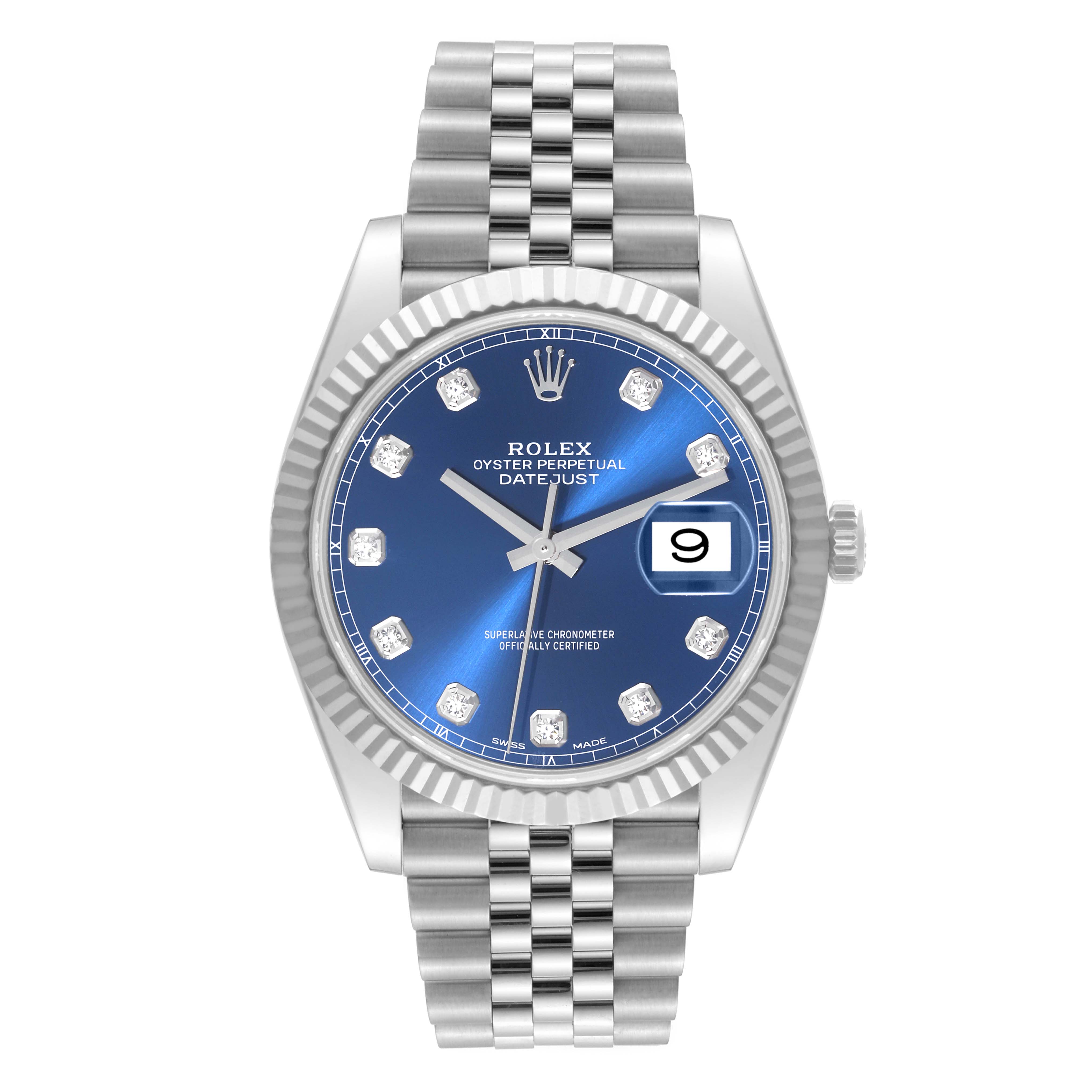 The Rolex Datejust 41 126334 Men's Stainless Steel Blue Dial 126334 Men's Stainless Steel Blue Dial watch is shown from a face-on angle, displaying the dial, bezel, and bracelet.