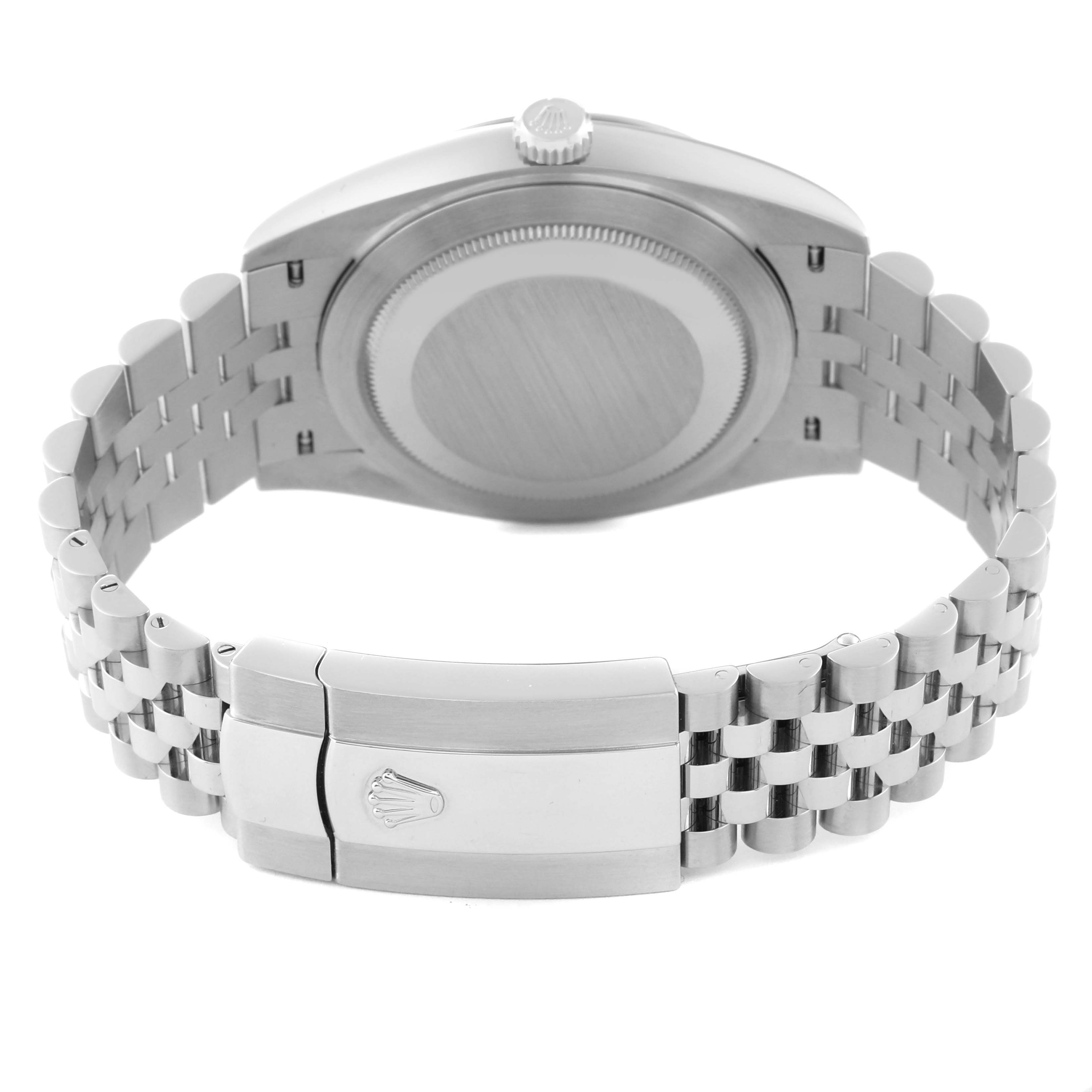 This image shows the back view of a Rolex Datejust 41 126334 Men's Stainless Steel Blue Dial 126334 Men's Stainless Steel Blue Dial watch, highlighting the case, bracelet, and clasp.