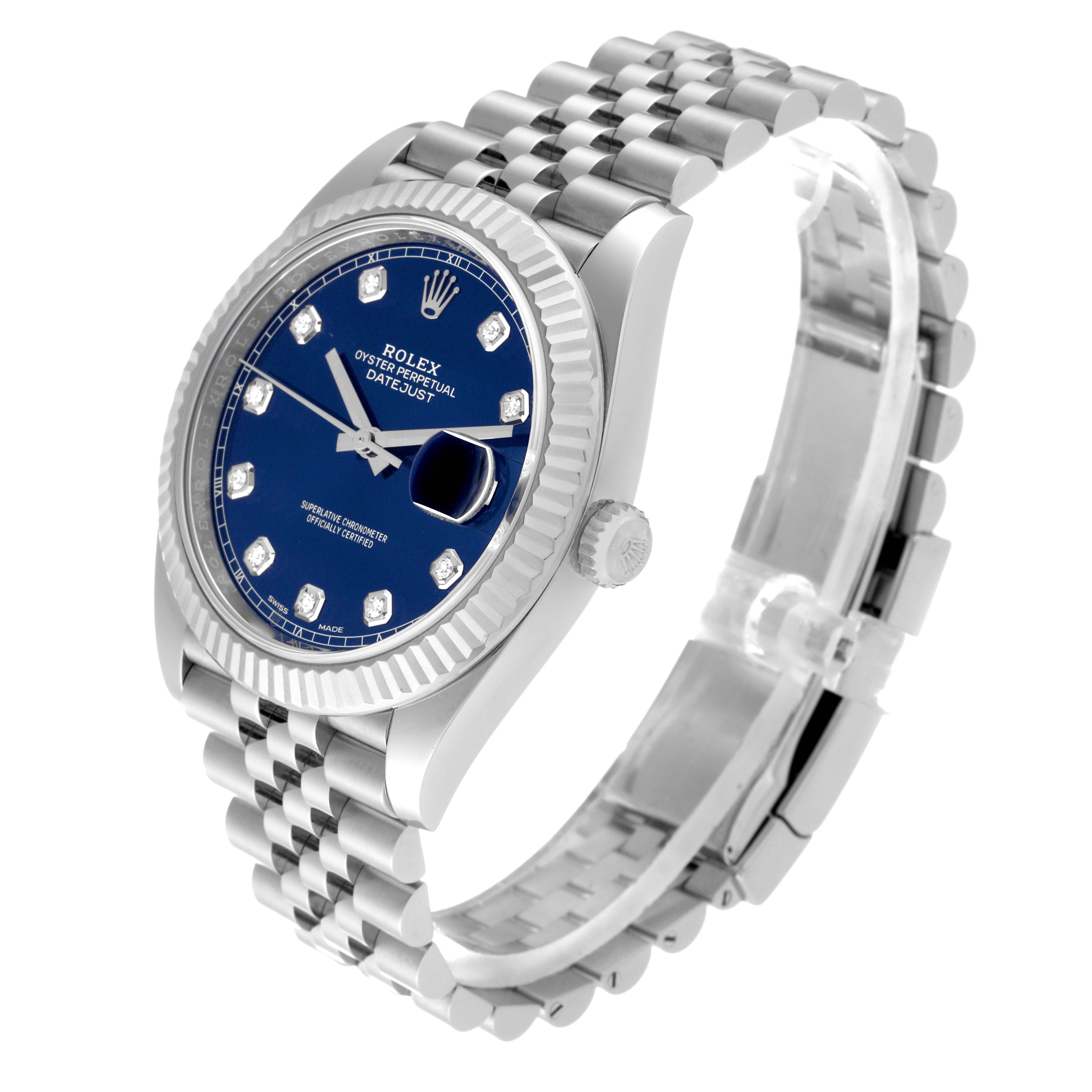 This image shows a Rolex Datejust 41 126334 Men's Stainless Steel Blue Dial 126334 Men's Stainless Steel Blue Dial model watch from an angled view, highlighting its blue dial, fluted bezel, and Jubilee bracelet.