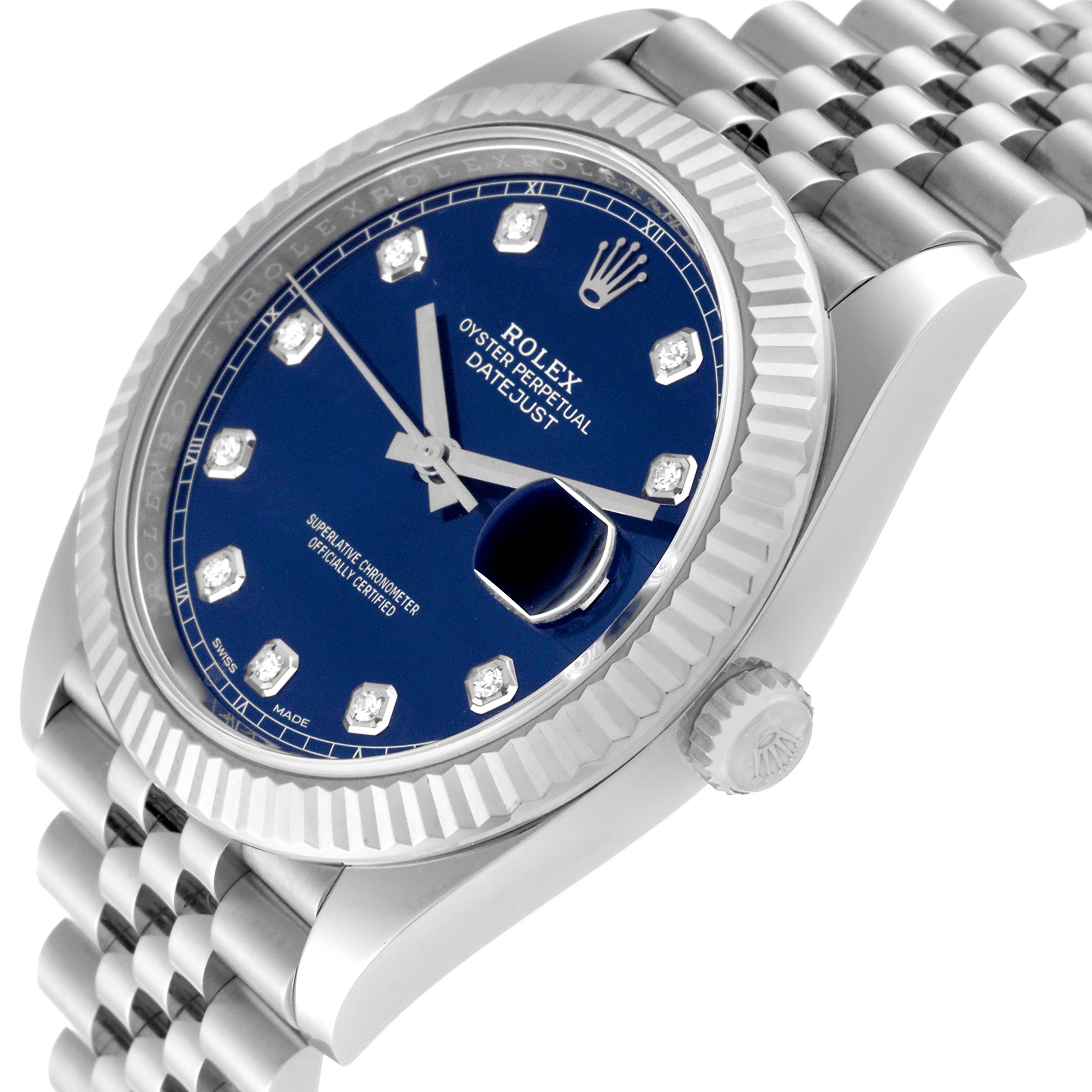 The image shows a Rolex Datejust 41 126334 Men's Stainless Steel Blue Dial 126334 Men's Stainless Steel Blue Dial watch from a three-quarter top angle, highlighting the dial, fluted bezel, and part of the bracelet.